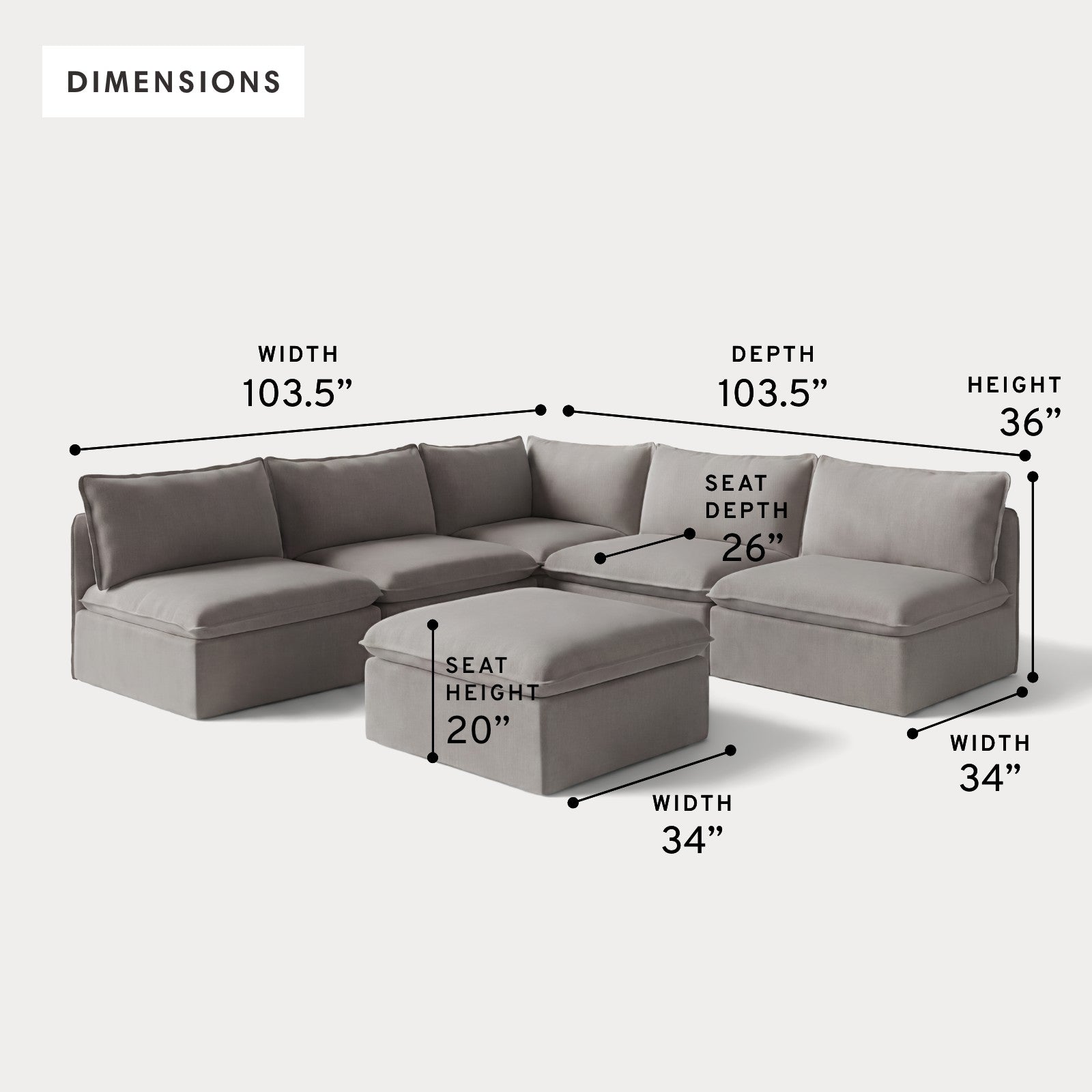 Modular Outdoor Washable 5-Seater Open-Ends Corner Sectional + Ottoman | Nano Slubweave in Haze Gray