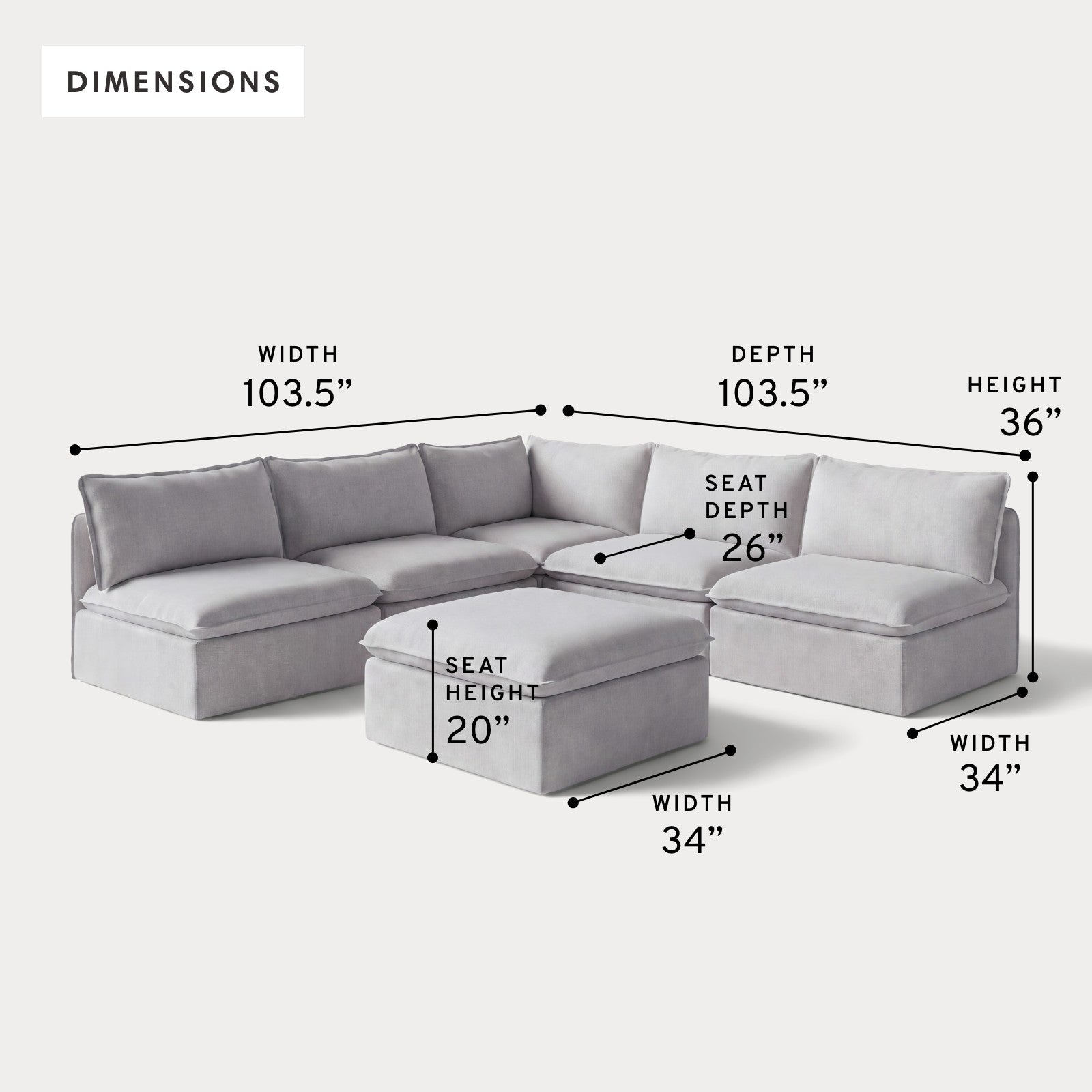 Modular Outdoor Washable 5-Seater Open-Ends Corner Sectional + Ottoman | Nano Slubweave in Mist