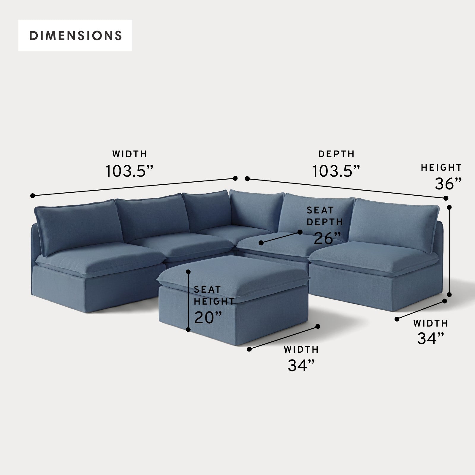 Modular Outdoor Washable 5-Seater Open-Ends Corner Sectional + Ottoman | Classic Canvas in Ocean