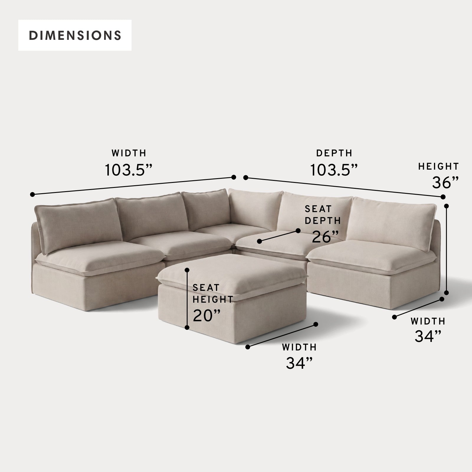 Modular Outdoor Washable 5-Seater Open-Ends Corner Sectional + Ottoman | Classic Canvas in Sand