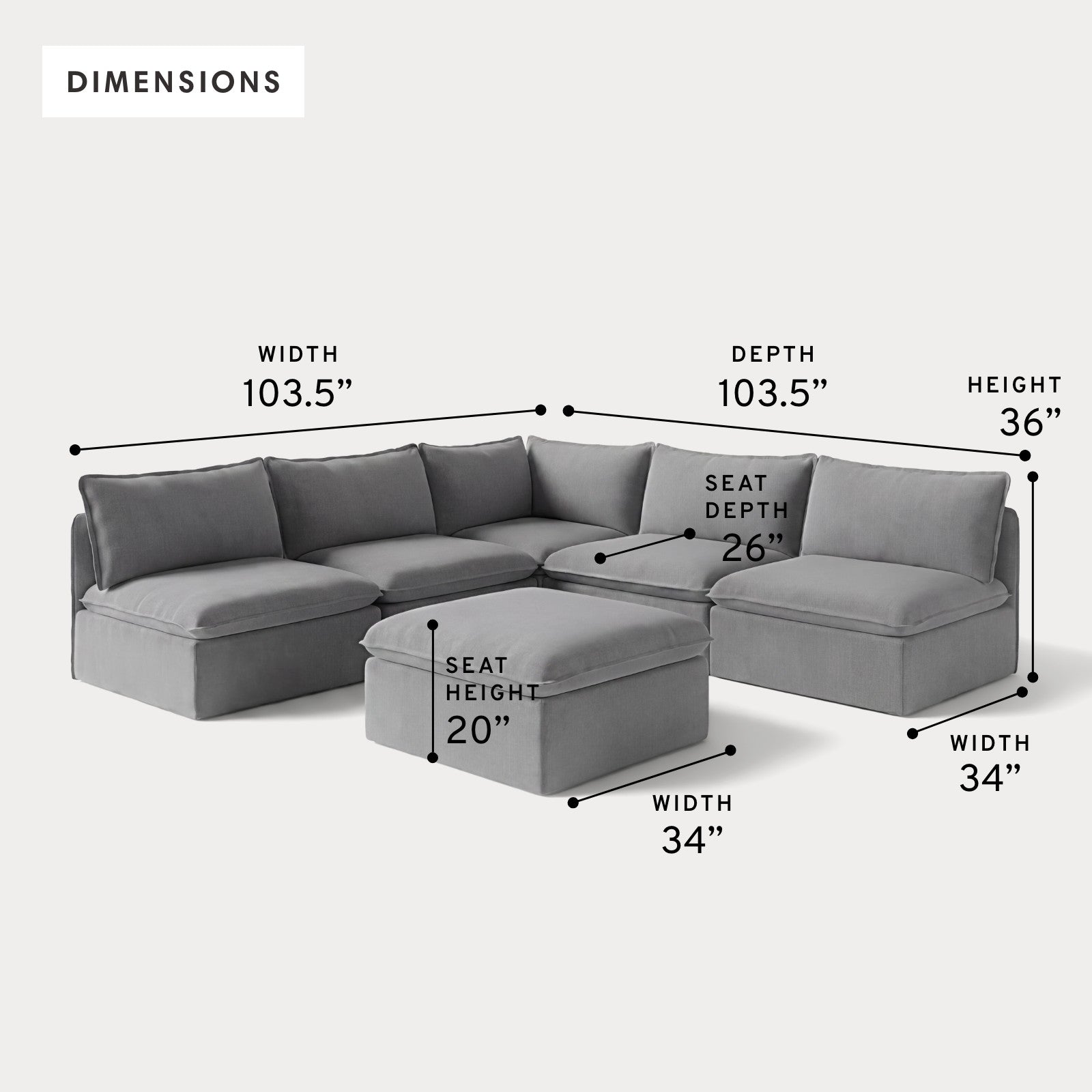 Modular Outdoor Washable 5-Seater Open-Ends Corner Sectional + Ottoman | Classic Canvas in Stone Gray