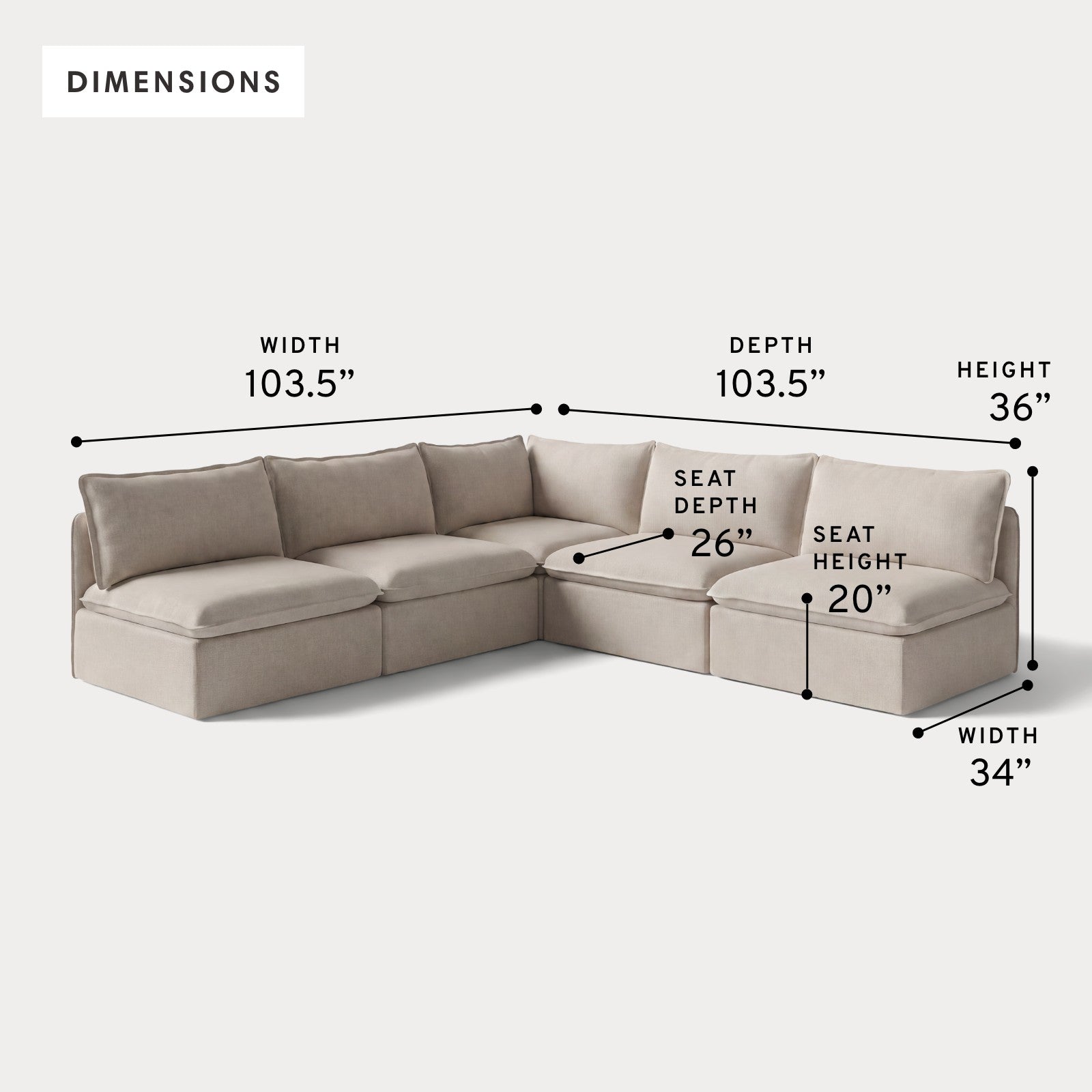 Modular Outdoor Washable 5-Seater Open-Ends Corner Sectional | Classic Canvas in Sand