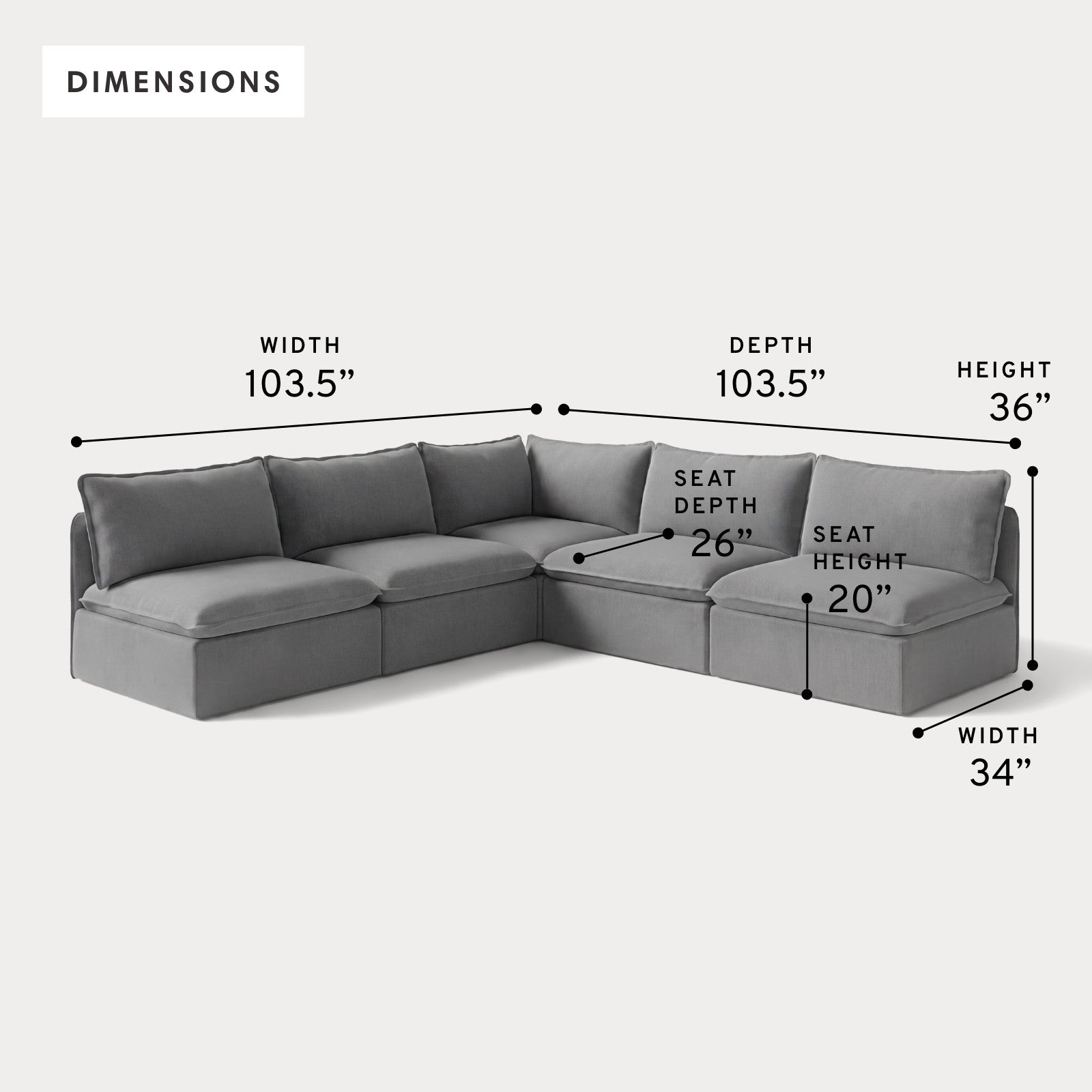 Modular Outdoor Washable 5-Seater Open-Ends Corner Sectional | Classic Canvas in Stone Gray