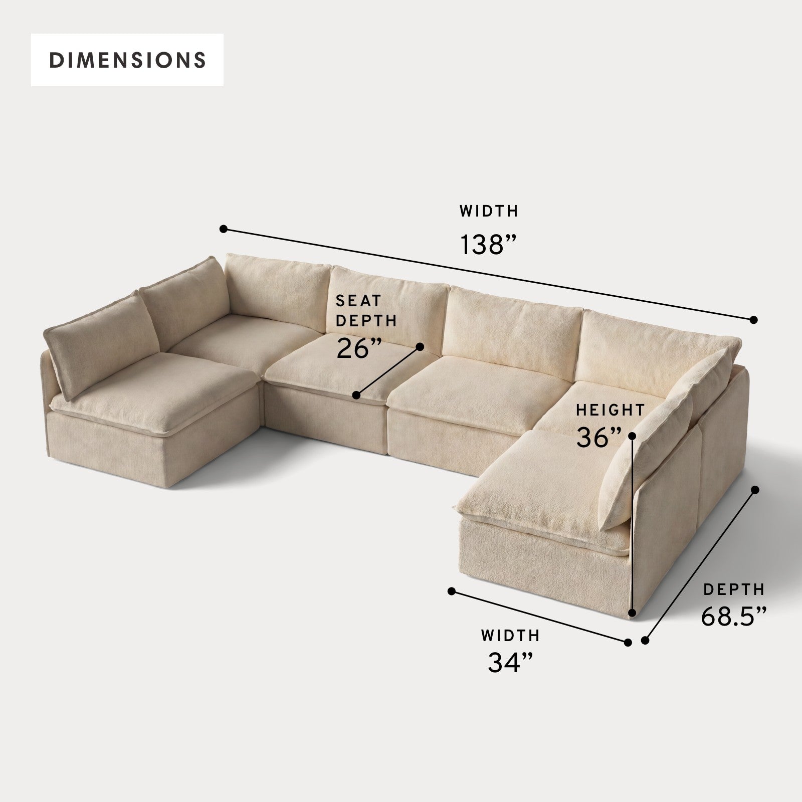 Modular Outdoor Washable 6-Seater Open-Ends U-Sectional | Alfresco Boucle in Cashew