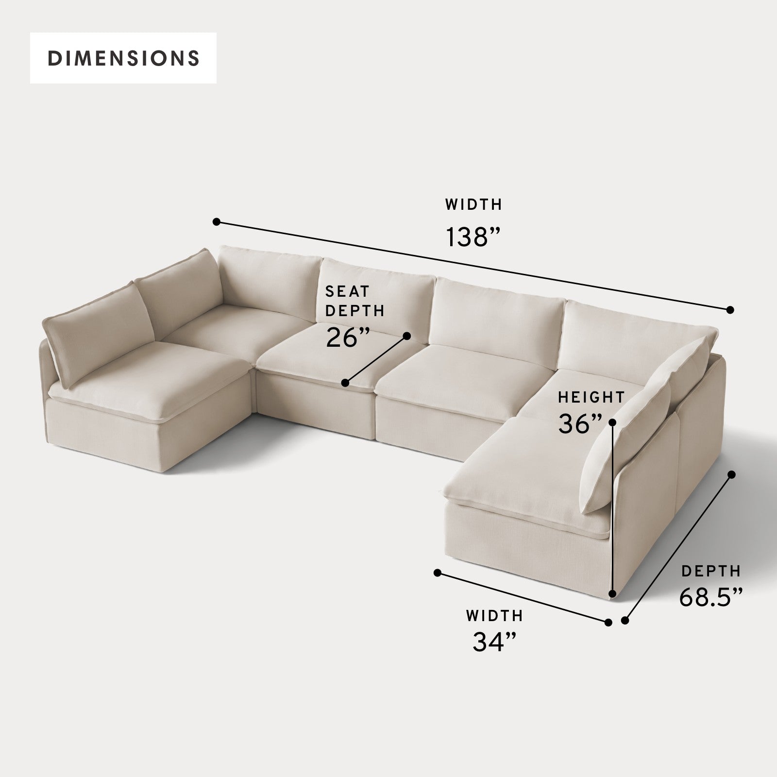 Modular Outdoor Washable 6-Seater Open-Ends U-Sectional | Nano Slubweave in Chai