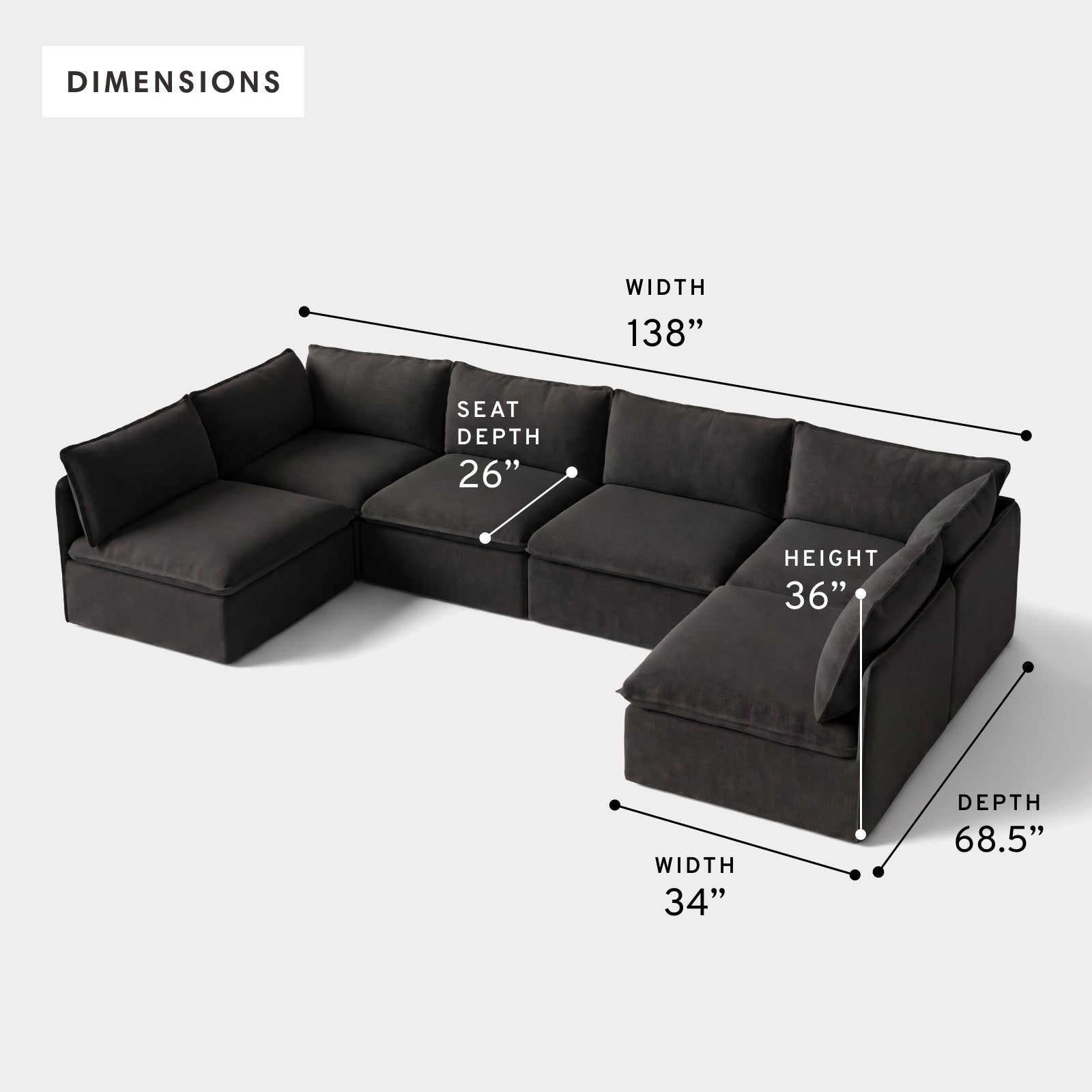 Modular Outdoor Washable 6-Seater Open-Ends U-Sectional | Classic Canvas in Charcoal