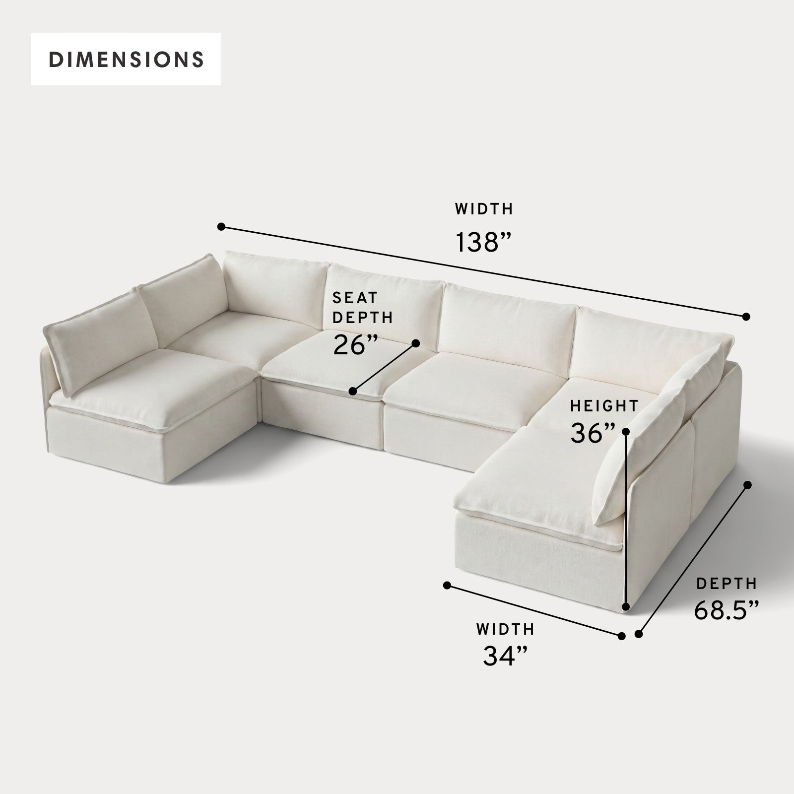 Modular Outdoor Washable 6-Seater Open-Ends U-Sectional | Classic Canvas in Cloud