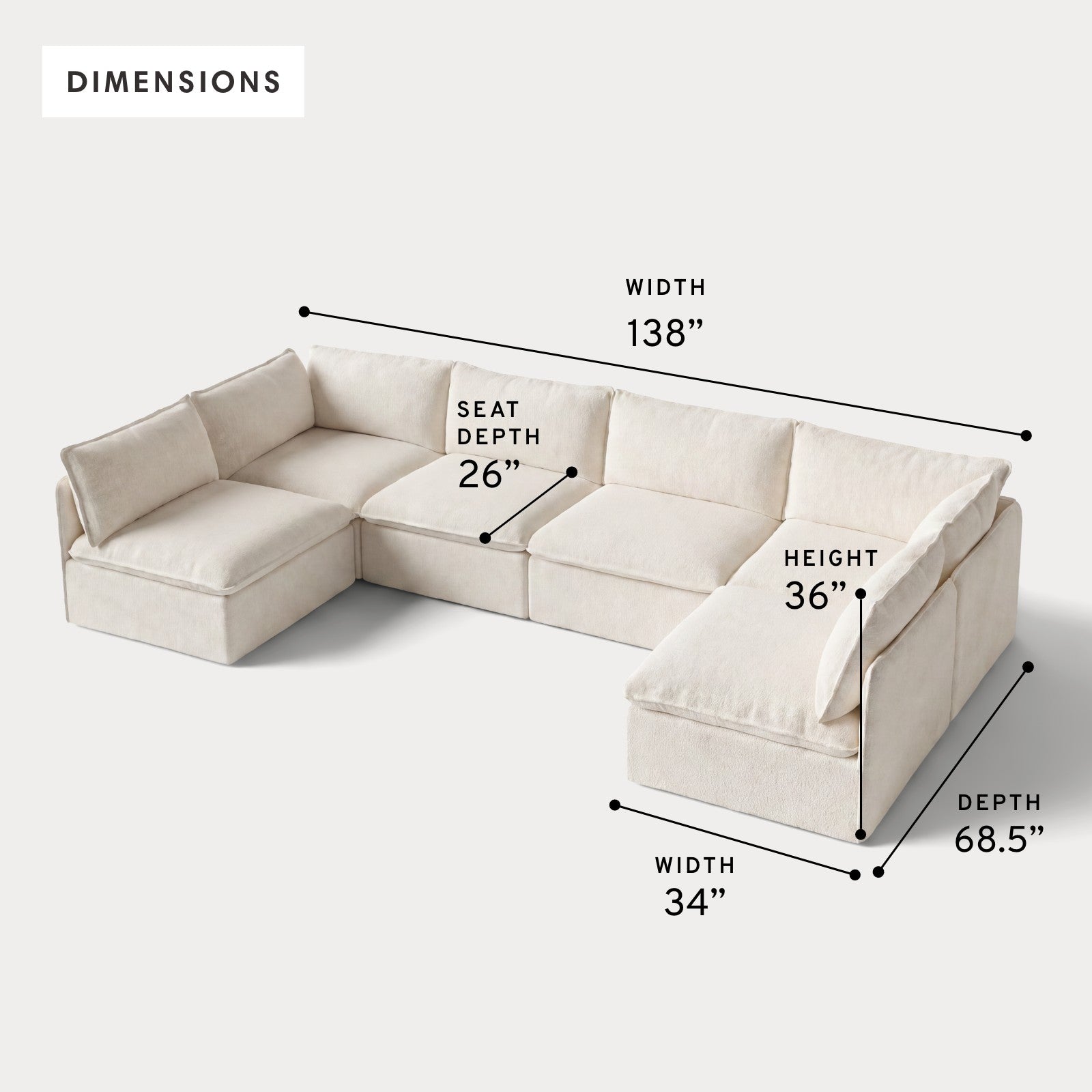 Modular Outdoor Washable 6-Seater Open-Ends U-Sectional | Alfresco Boucle in Creme