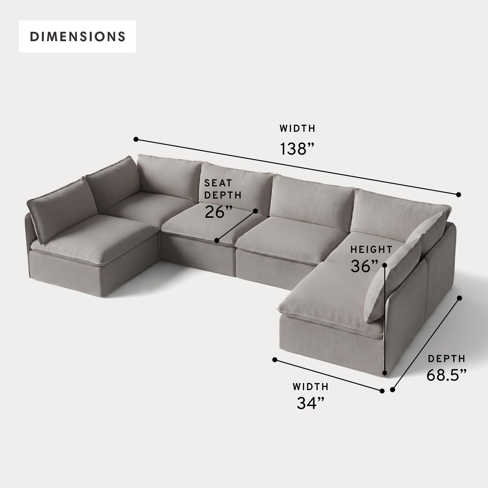 Modular Outdoor Washable 6-Seater Open-Ends U-Sectional | Nano Slubweave in Haze Gray
