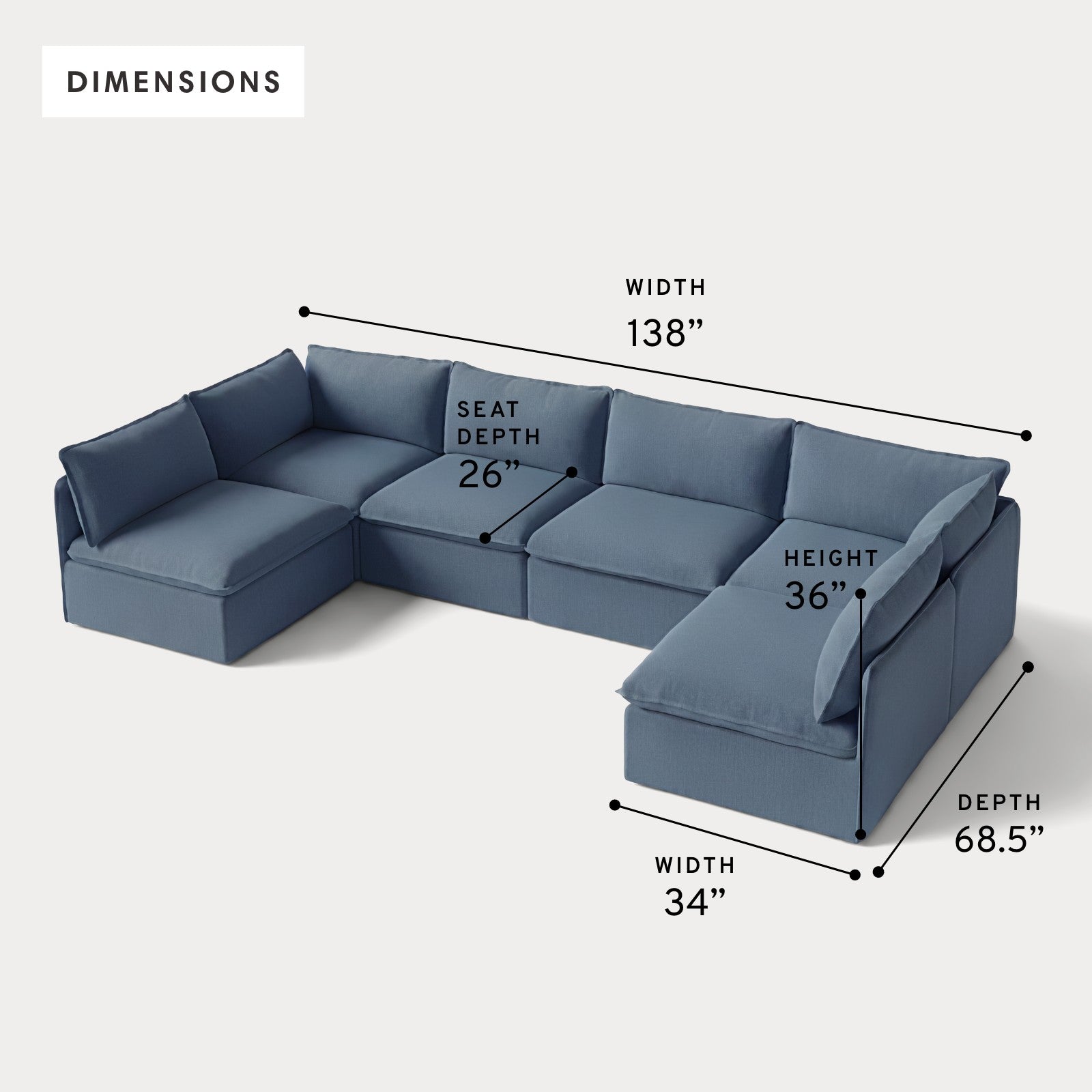 Modular Outdoor Washable 6-Seater Open-Ends U-Sectional | Classic Canvas in Ocean