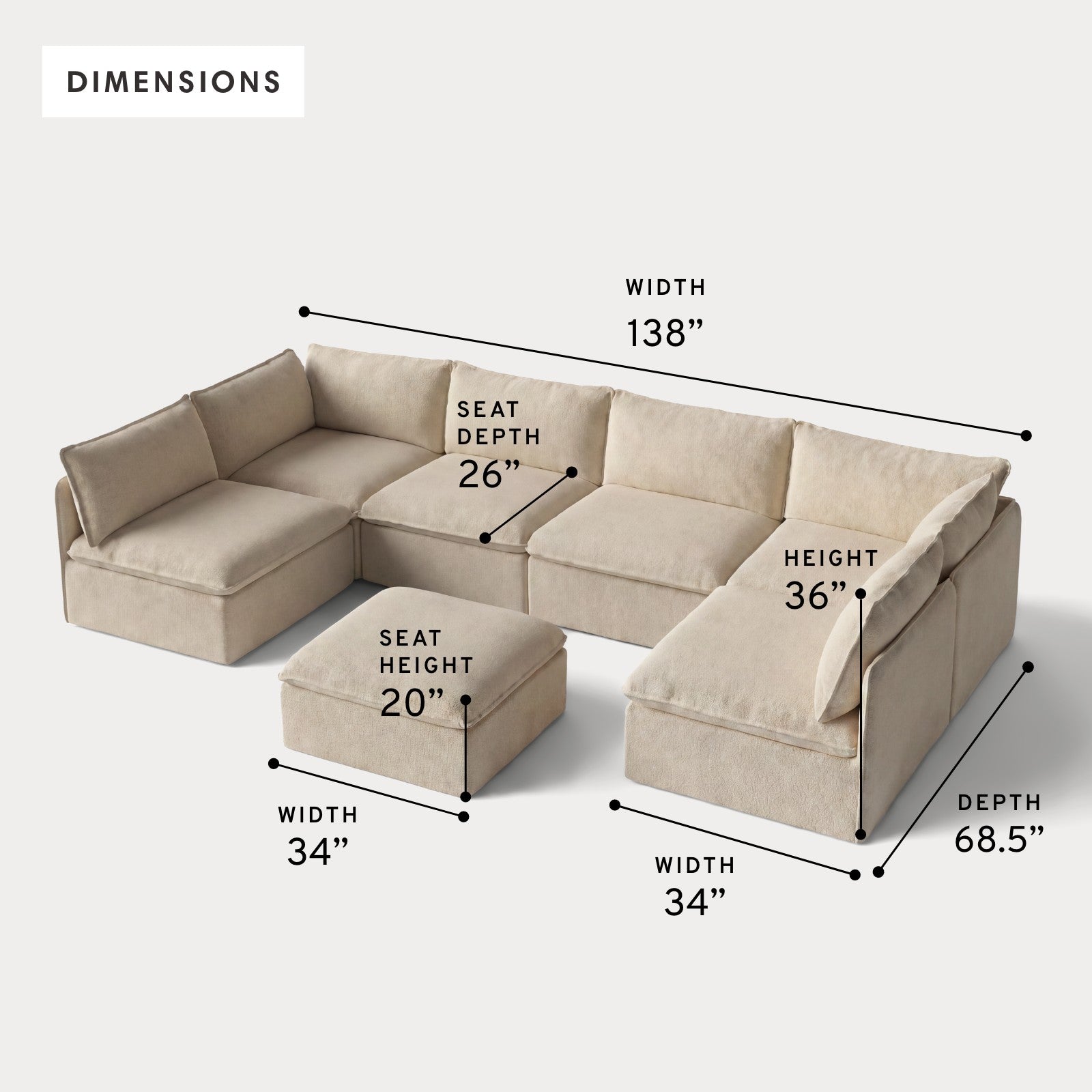 Modular Outdoor Washable 6-Seater Open-Ends U-Sectional + Ottoman | Alfresco Boucle in Cashew