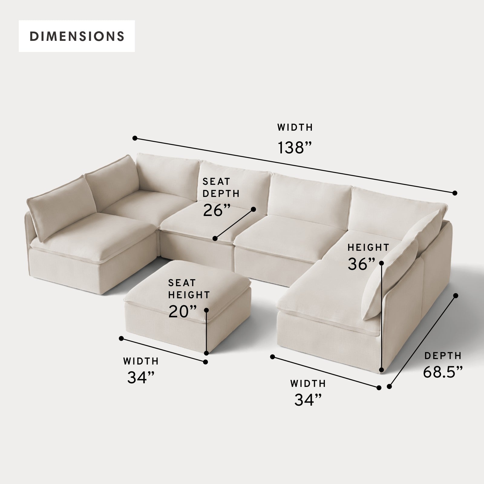 Modular Outdoor Washable 6-Seater Open-Ends U-Sectional + Ottoman | Nano Slubweave in Chai