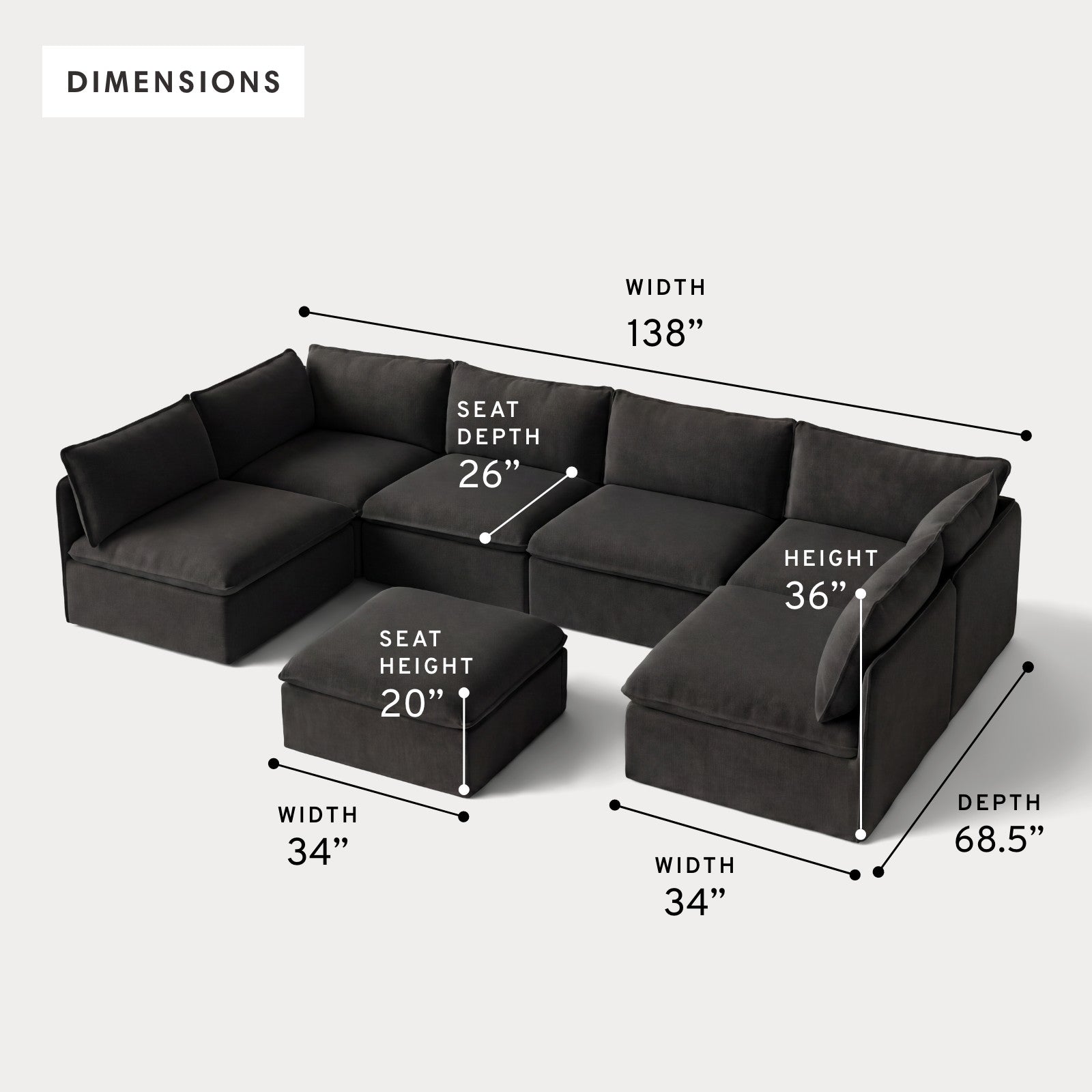 Modular Outdoor Washable 6-Seater Open-Ends U-Sectional + Ottoman | Classic Canvas in Charcoal