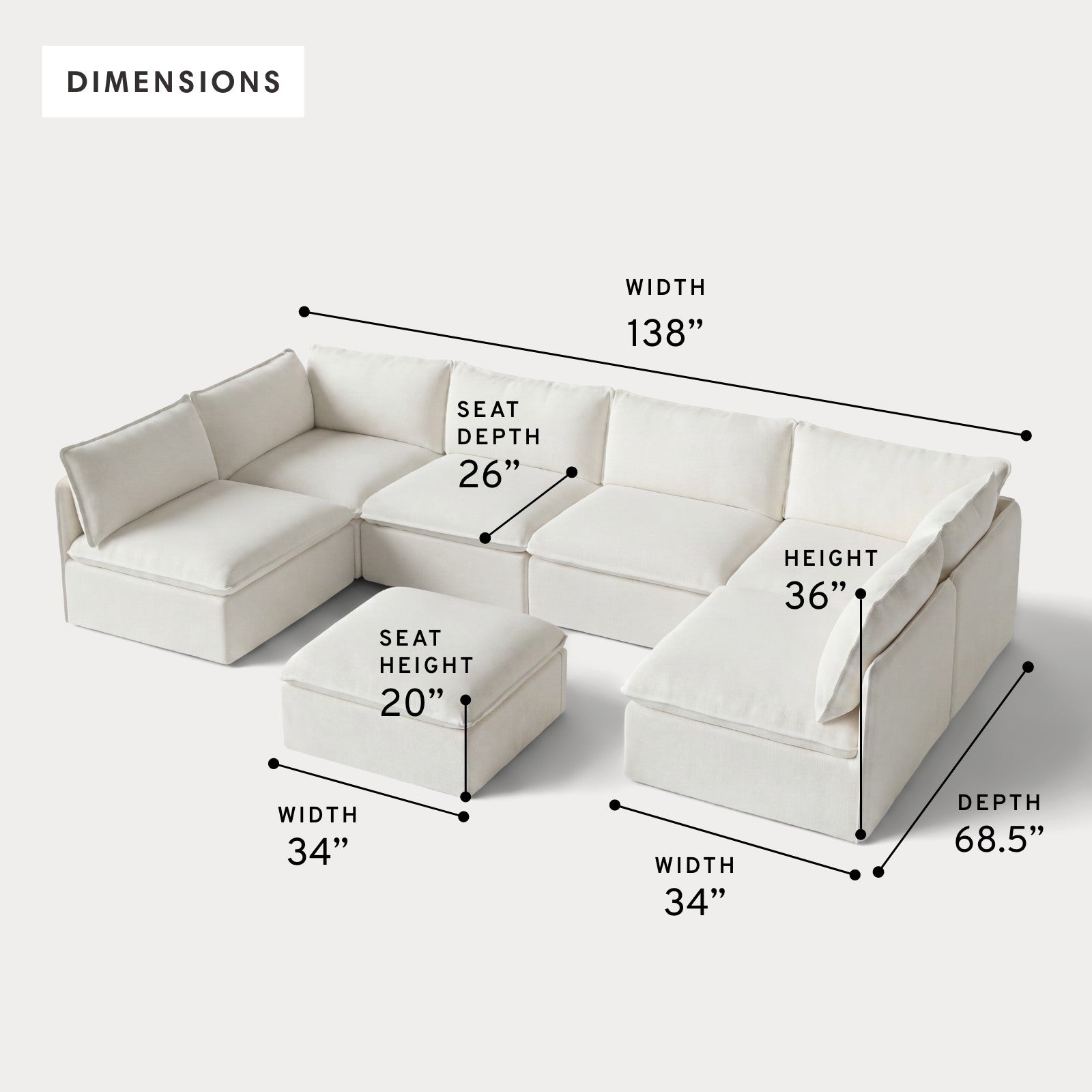 Modular Outdoor Washable 6-Seater Open-Ends U-Sectional + Ottoman | Classic Canvas in Cloud