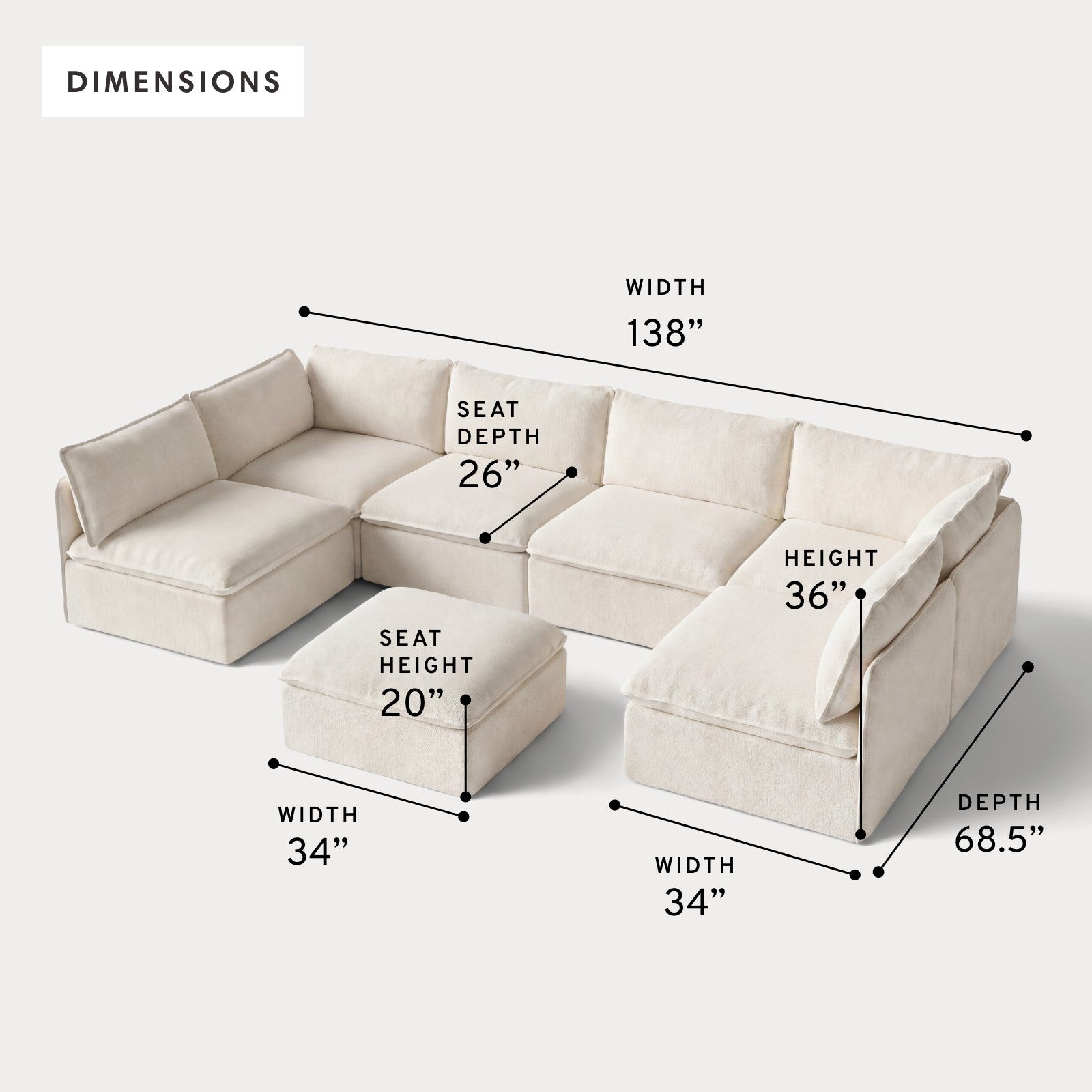 Modular Outdoor Washable 6-Seater Open-Ends U-Sectional + Ottoman | Alfresco Boucle in Creme