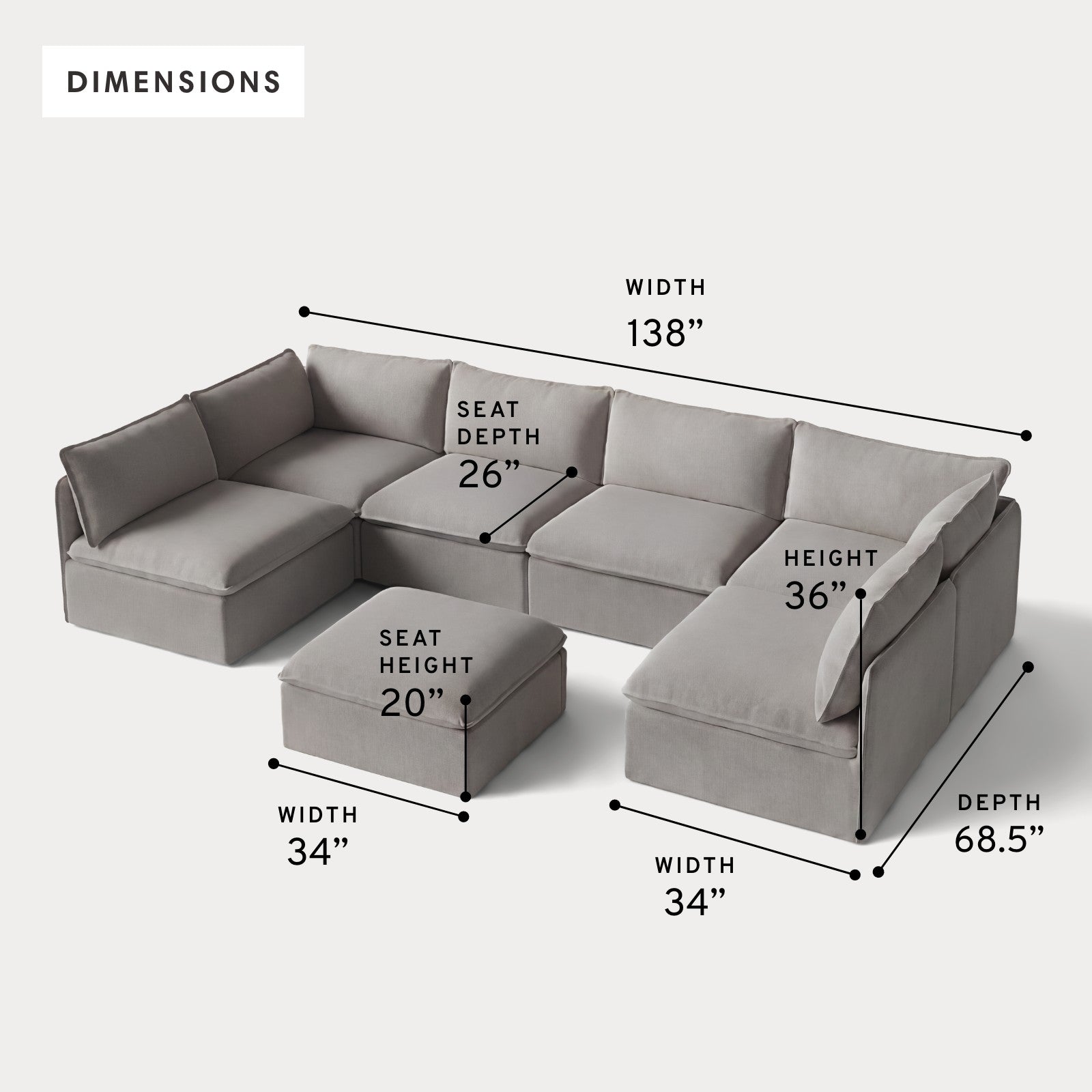 Modular Outdoor Washable 6-Seater Open-Ends U-Sectional + Ottoman | Nano Slubweave in Haze Gray