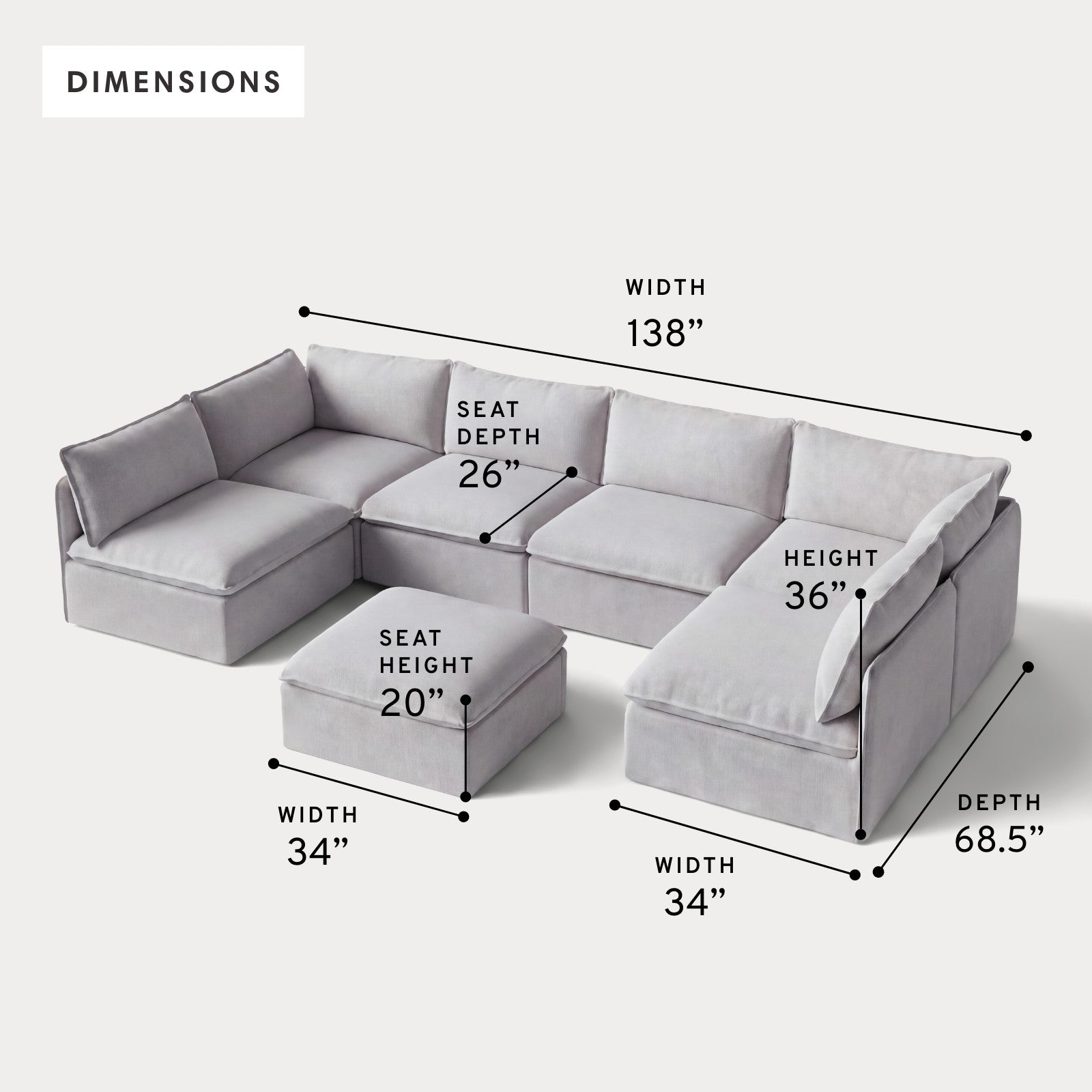 Modular Outdoor Washable 6-Seater Open-Ends U-Sectional + Ottoman | Nano Slubweave in Mist