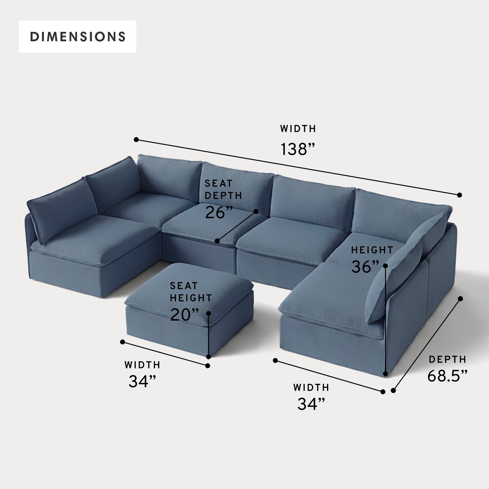 Modular Outdoor Washable 6-Seater Open-Ends U-Sectional + Ottoman | Classic Canvas in Ocean