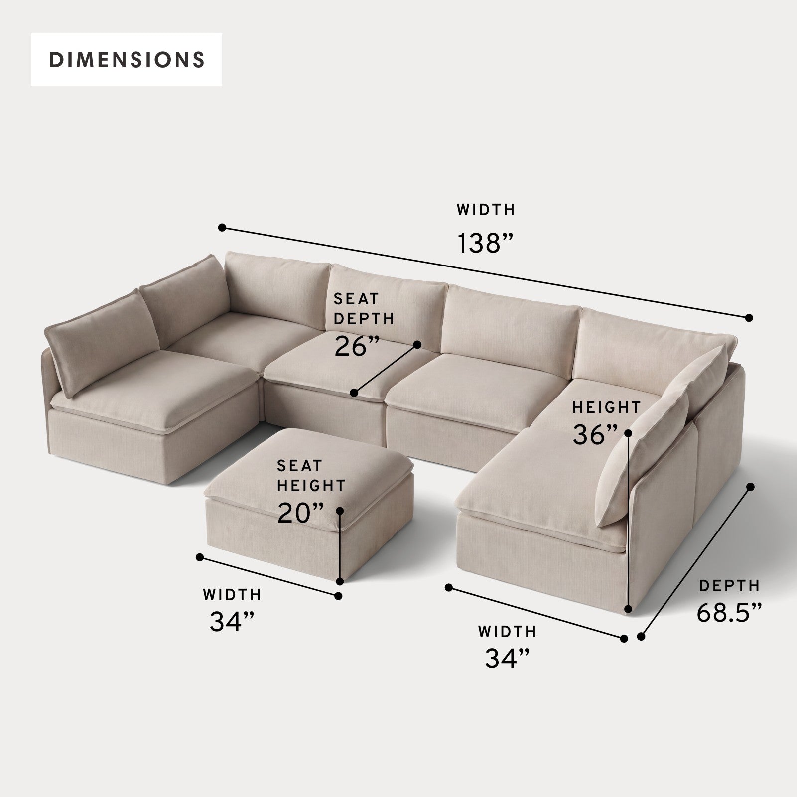 Modular Outdoor Washable 6-Seater Open-Ends U-Sectional + Ottoman | Classic Canvas in Sand