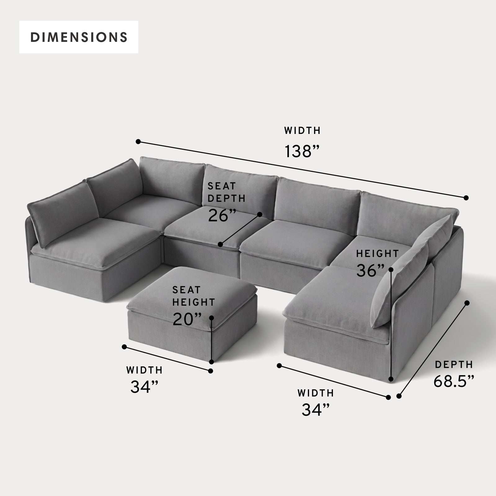 Modular Outdoor Washable 6-Seater Open-Ends U-Sectional + Ottoman | Classic Canvas in Stone Gray