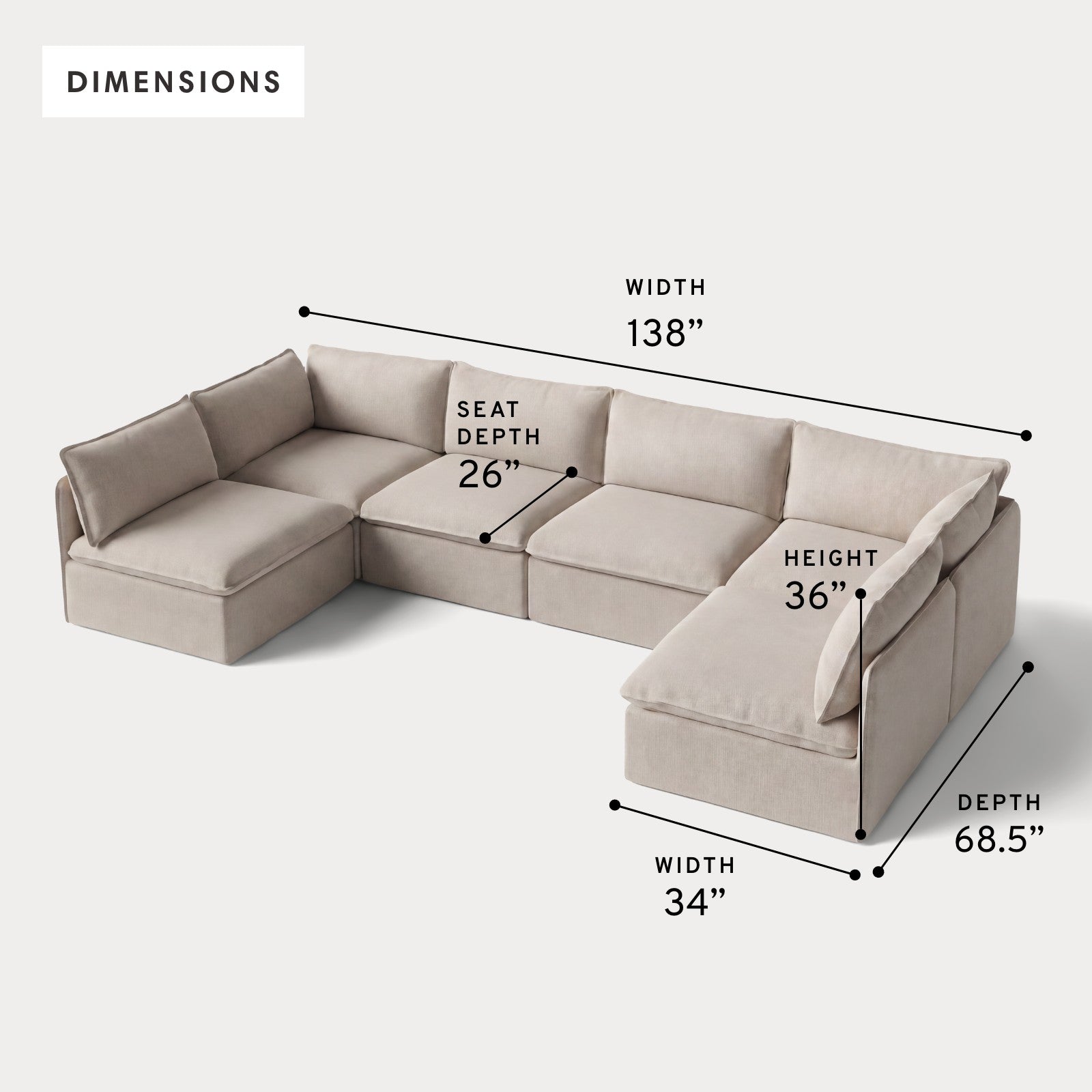 Modular Outdoor Washable 6-Seater Open-Ends U-Sectional | Classic Canvas in Sand