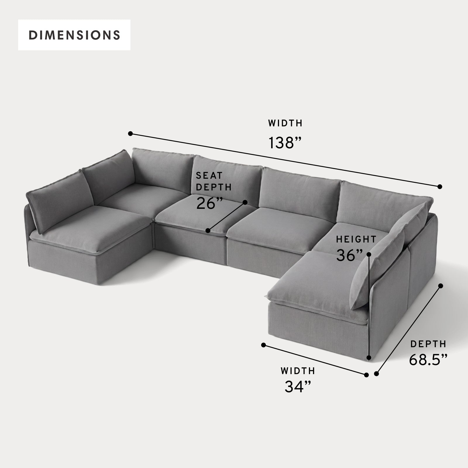 Modular Outdoor Washable 6-Seater Open-Ends U-Sectional | Classic Canvas in Stone Gray