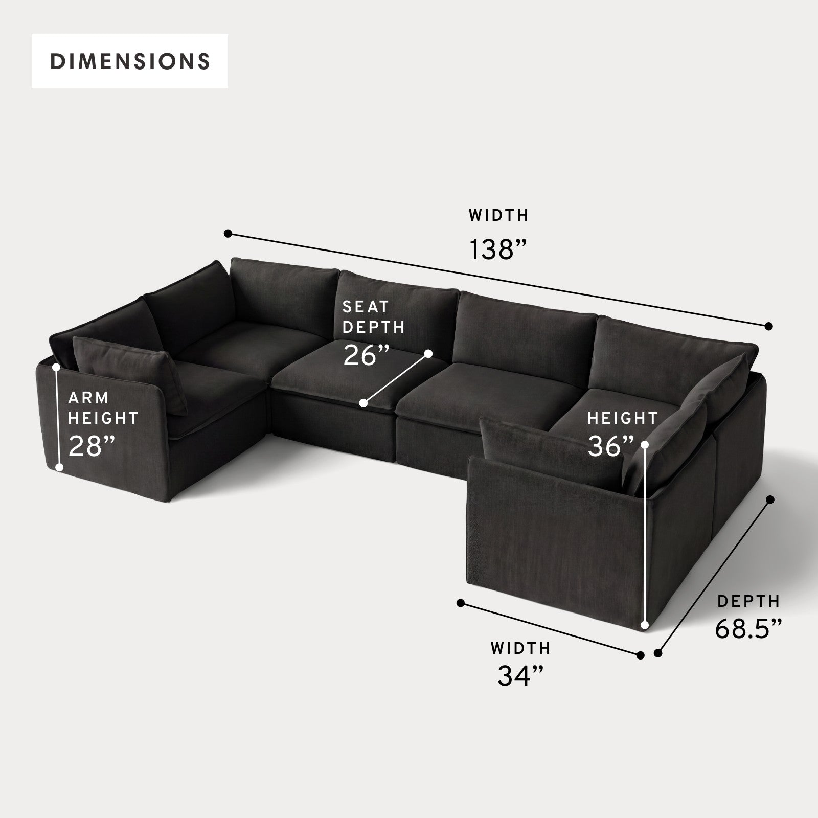 Modular Outdoor Washable 6-Seater U-Sectional | Classic Canvas in Charcoal
