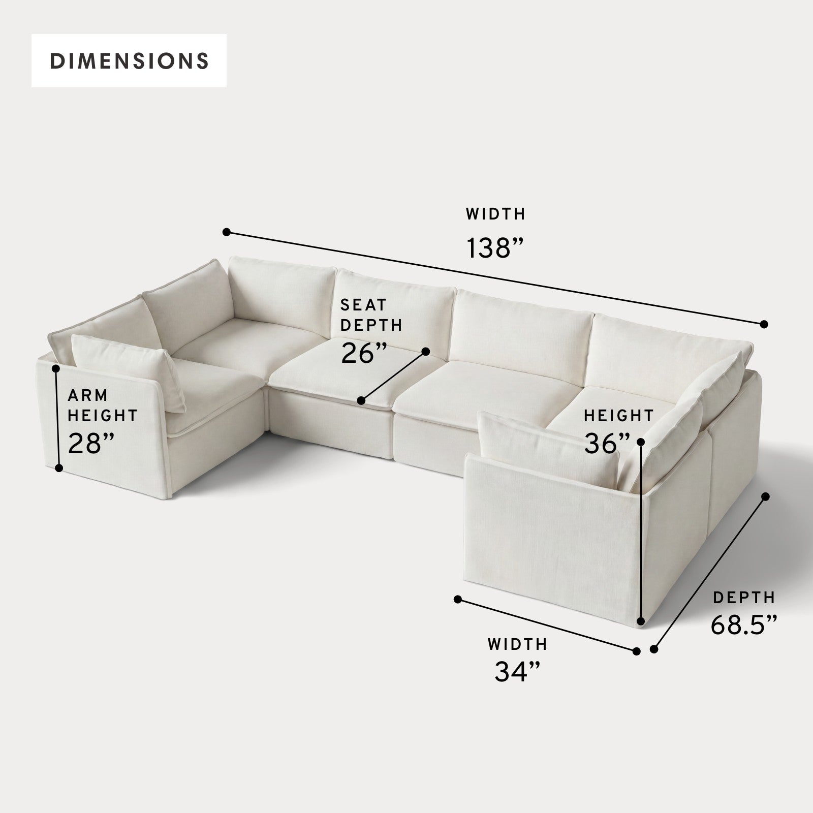 Modular Outdoor Washable 6-Seater U-Sectional | Classic Canvas in Cloud