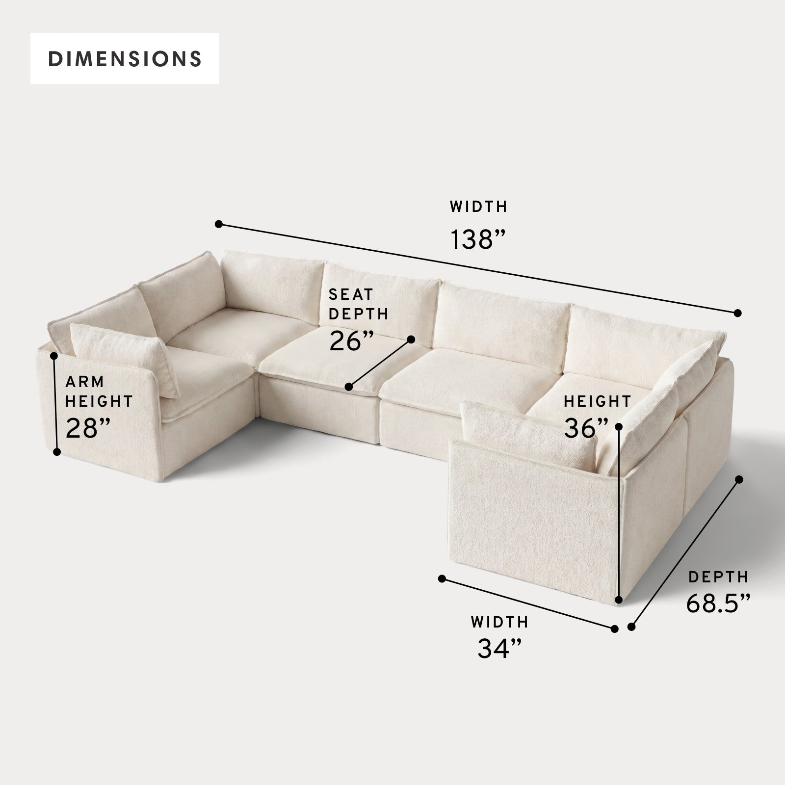Modular Outdoor Washable 6-Seater U-Sectional | Alfresco Boucle in Creme