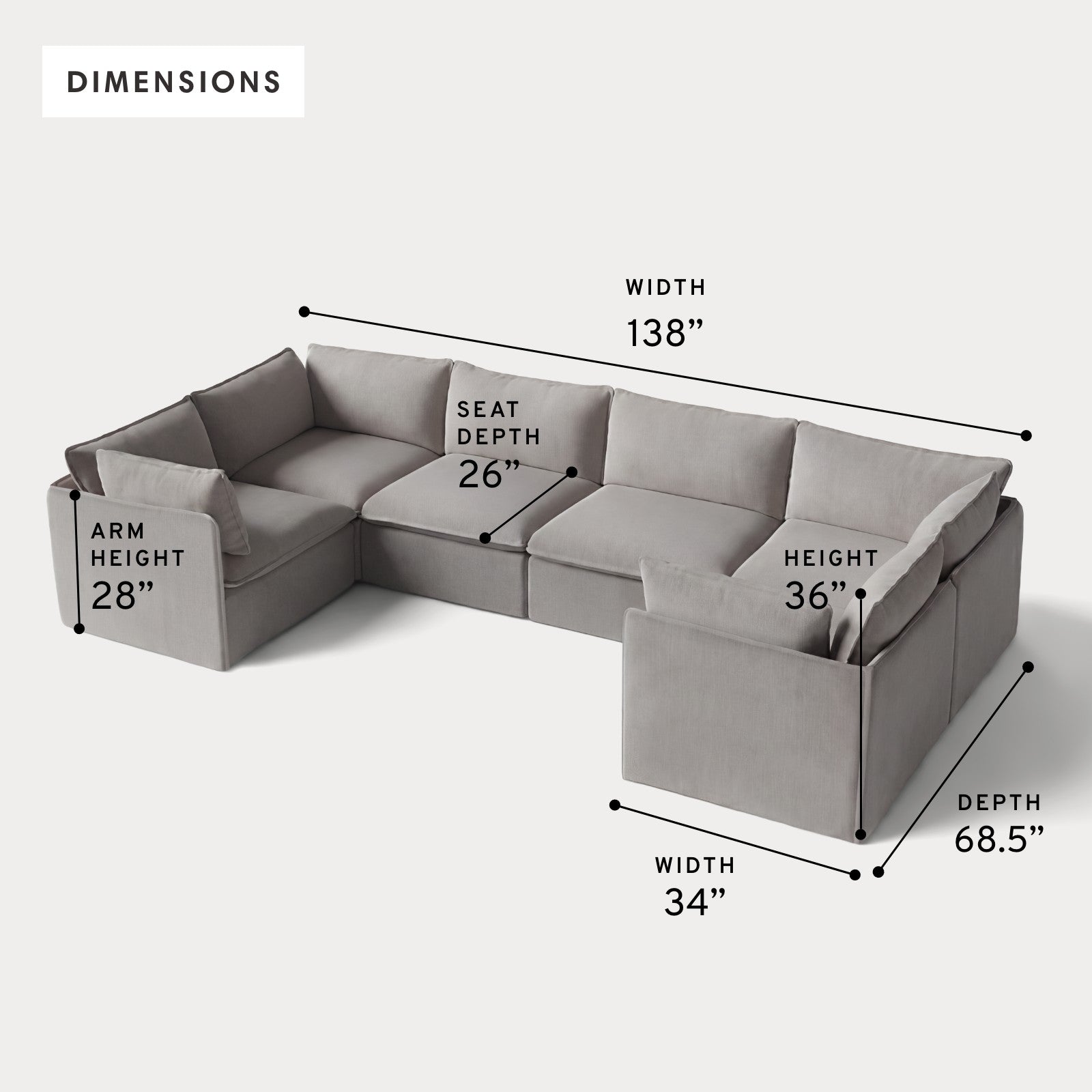 Modular Outdoor Washable 6-Seater U-Sectional | Nano Slubweave in Haze Gray