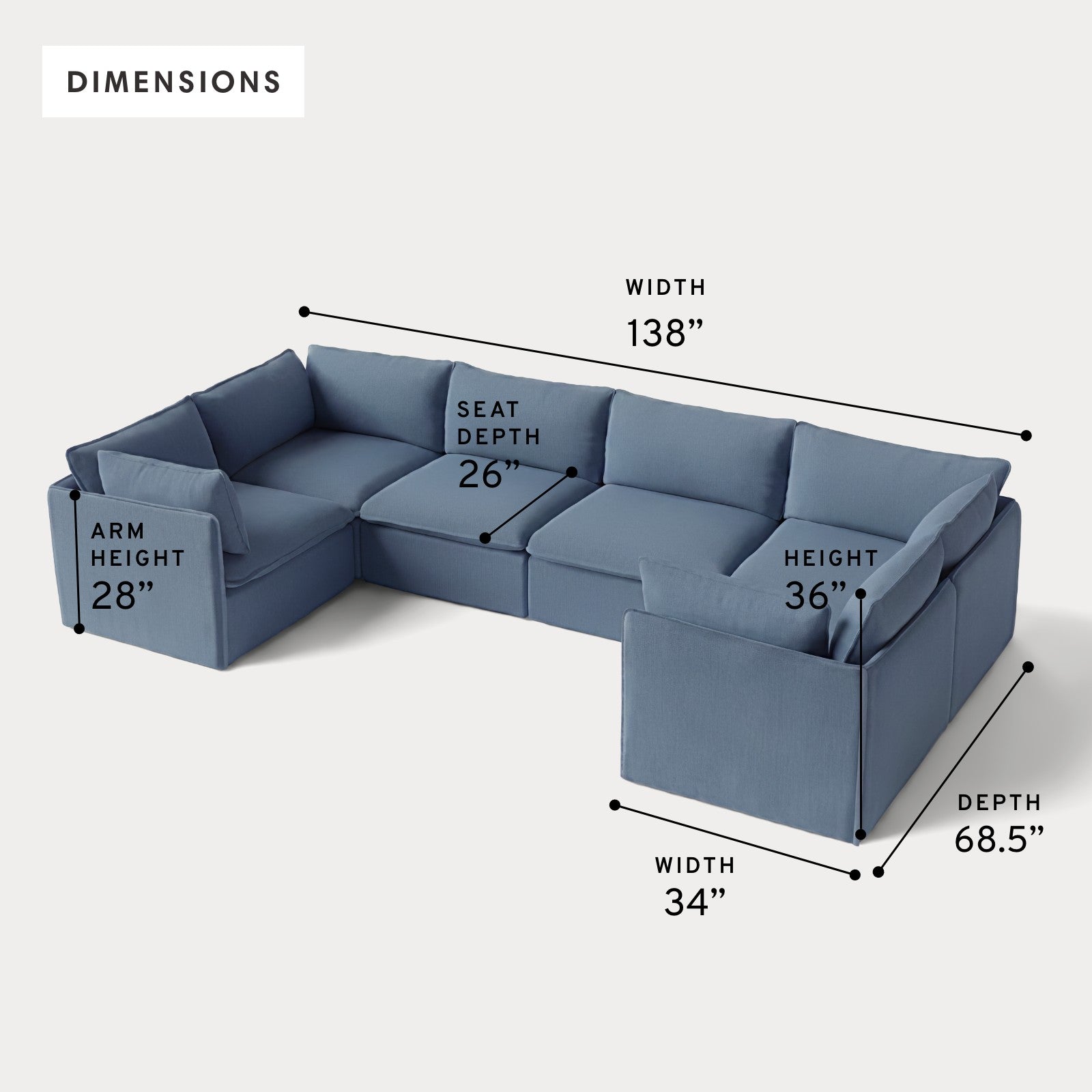 Modular Outdoor Washable 6-Seater U-Sectional | Classic Canvas in Ocean