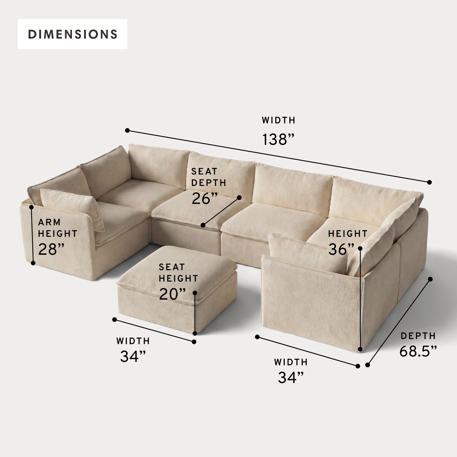 Modular Outdoor Washable 6-Seater U-Sectional + Ottoman | Alfresco Boucle in Cashew