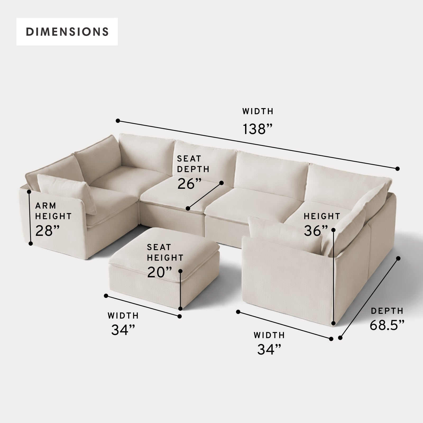 Modular Outdoor Washable 6-Seater U-Sectional + Ottoman | Nano Slubweave in Chai