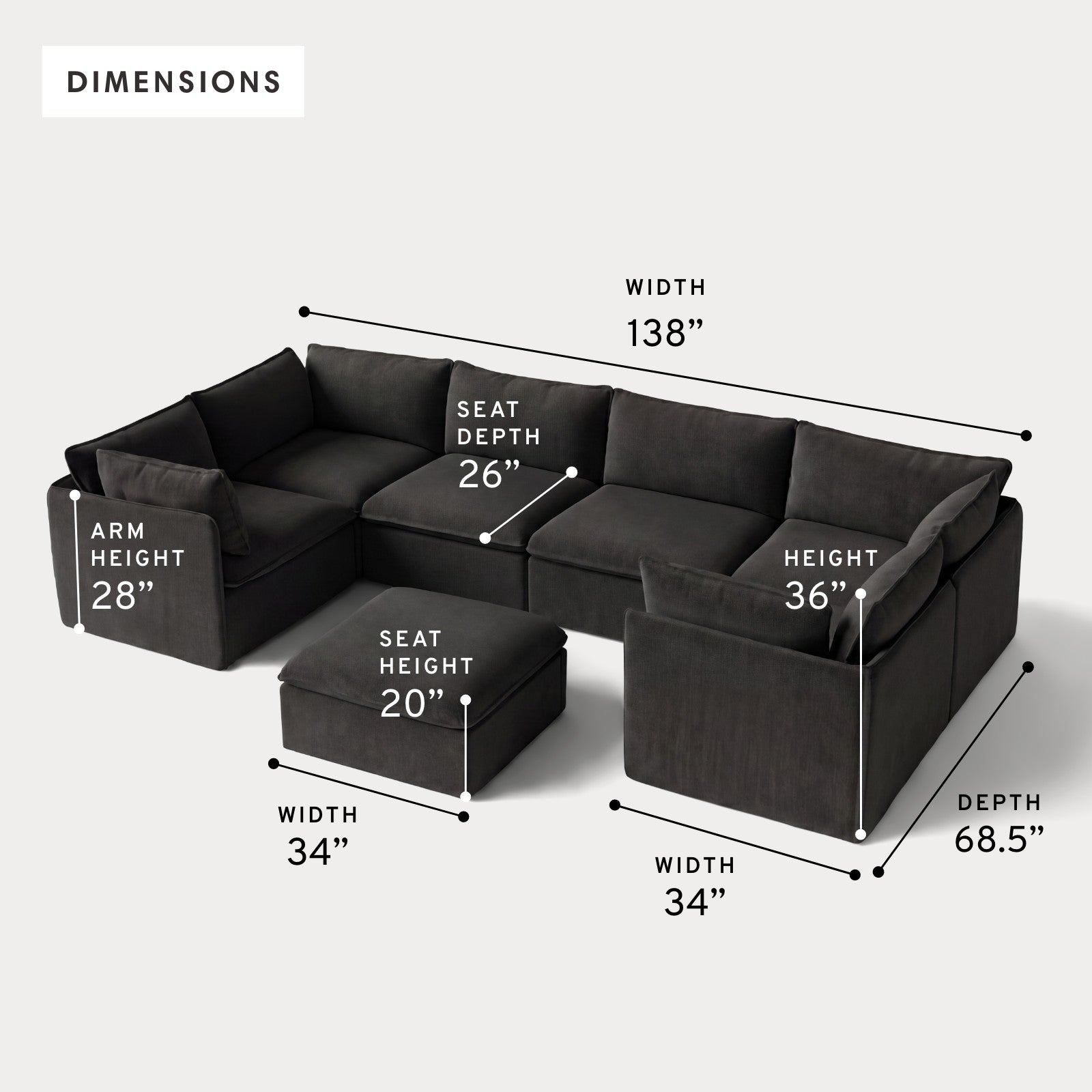 Modular Outdoor Washable 6-Seater U-Sectional + Ottoman | Classic Canvas in Charcoal