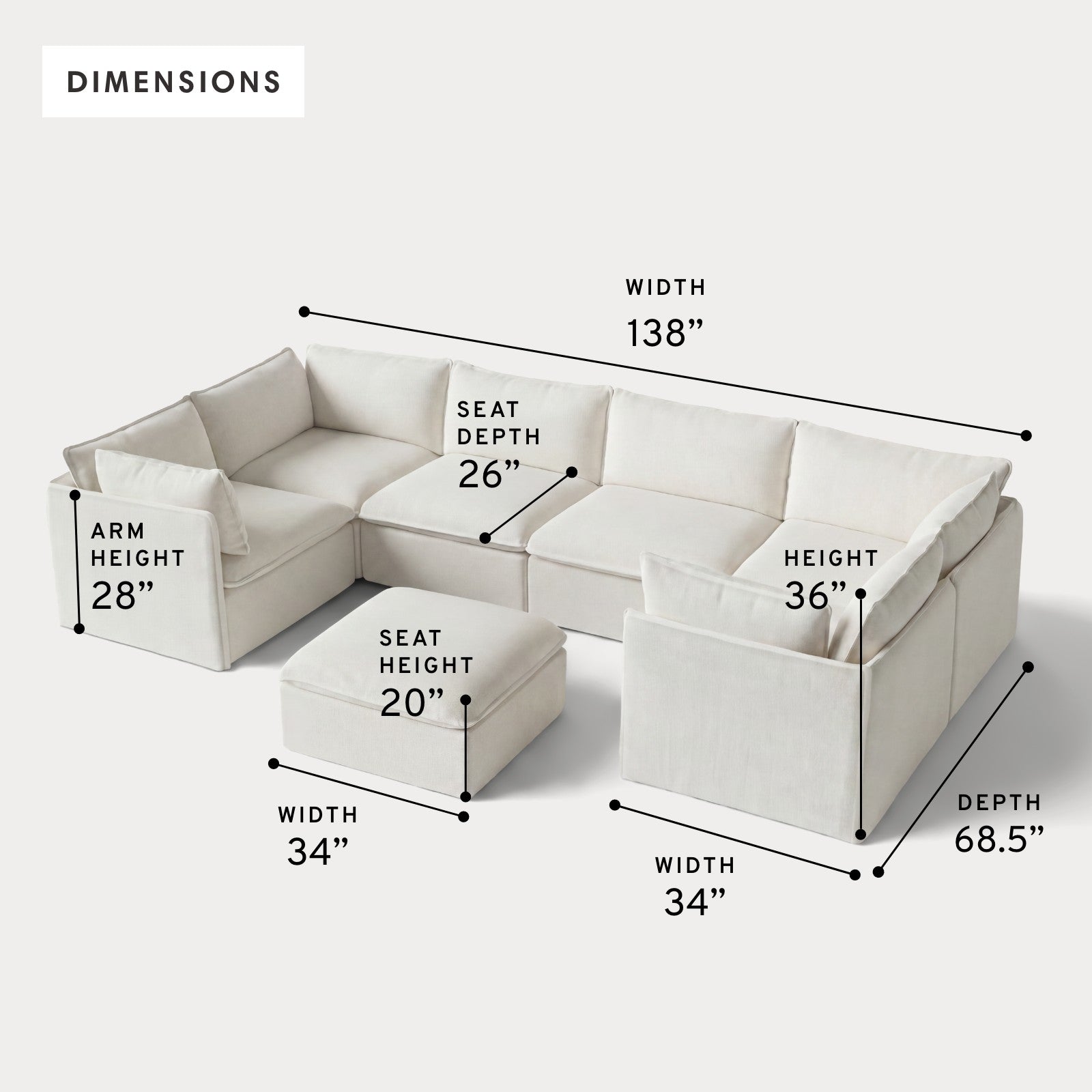 Modular Outdoor Washable 6-Seater U-Sectional + Ottoman | Classic Canvas in Cloud