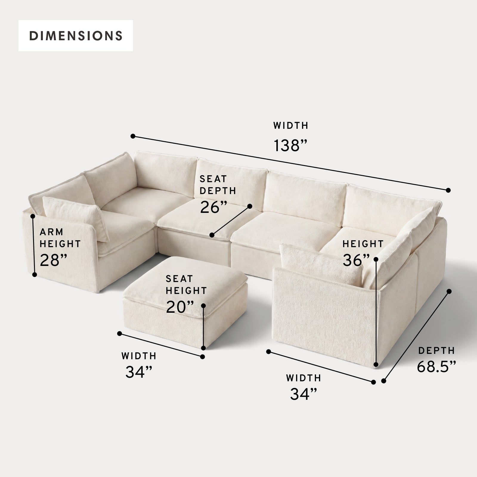 Modular Outdoor Washable 6-Seater U-Sectional + Ottoman | Alfresco Boucle in Creme