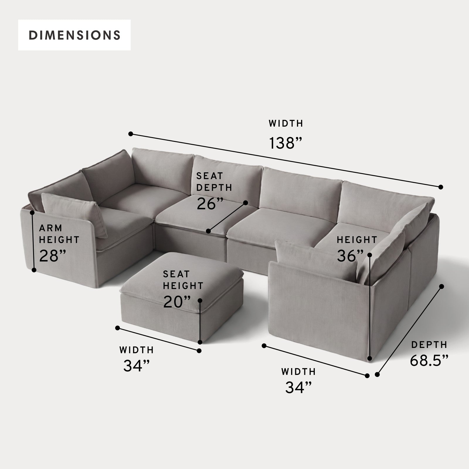 Modular Outdoor Washable 6-Seater U-Sectional + Ottoman | Nano Slubweave in Haze Gray