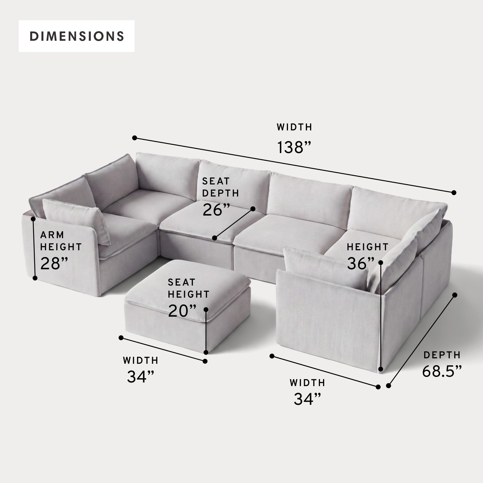 Modular Outdoor Washable 6-Seater U-Sectional + Ottoman | Nano Slubweave in Mist