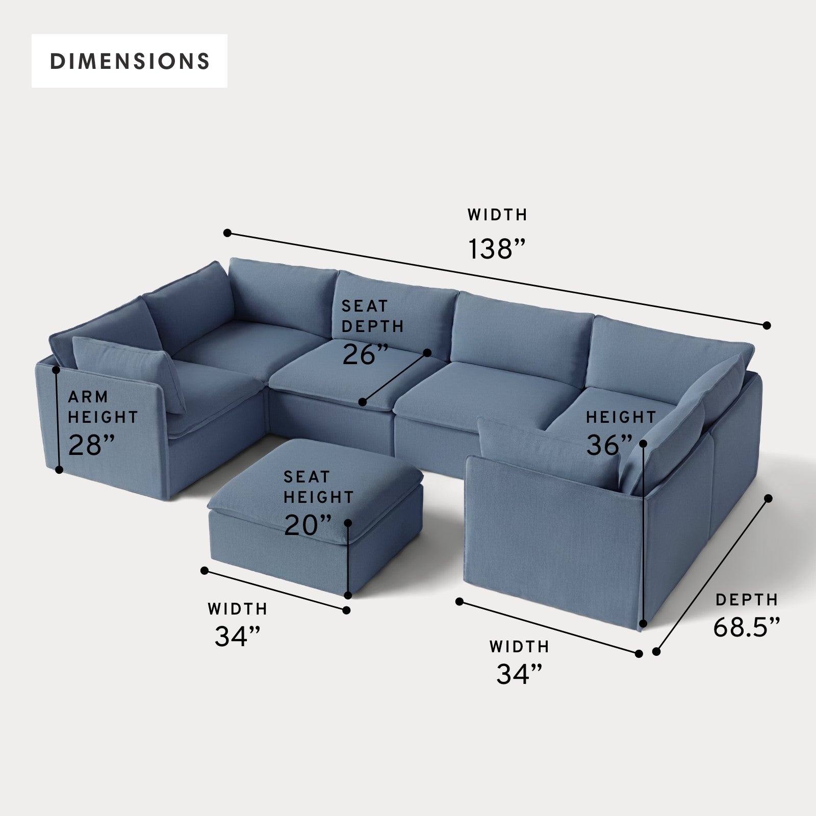 Modular Outdoor Washable 6-Seater U-Sectional + Ottoman | Classic Canvas in Ocean