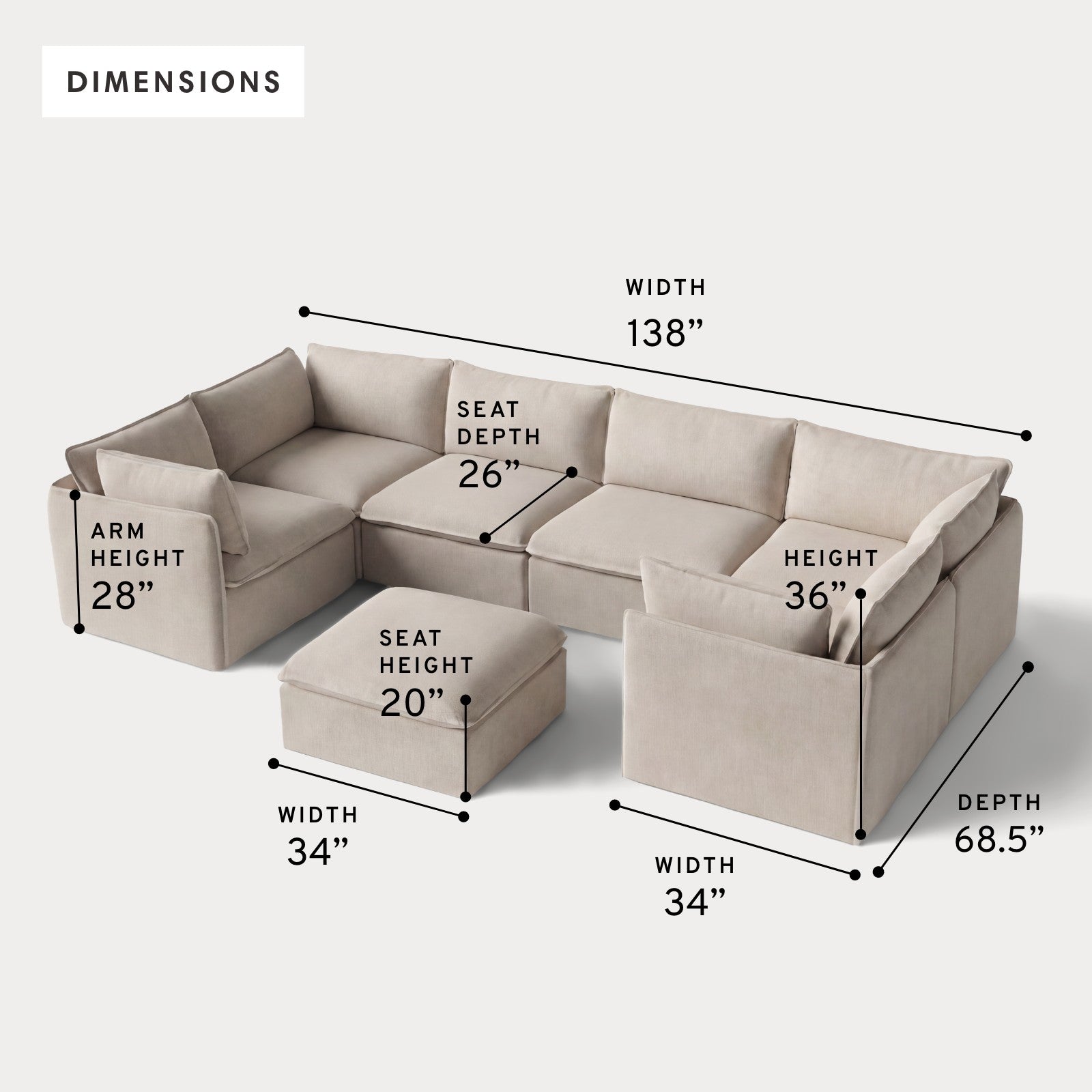 Modular Outdoor Washable 6-Seater U-Sectional + Ottoman | Classic Canvas in Sand