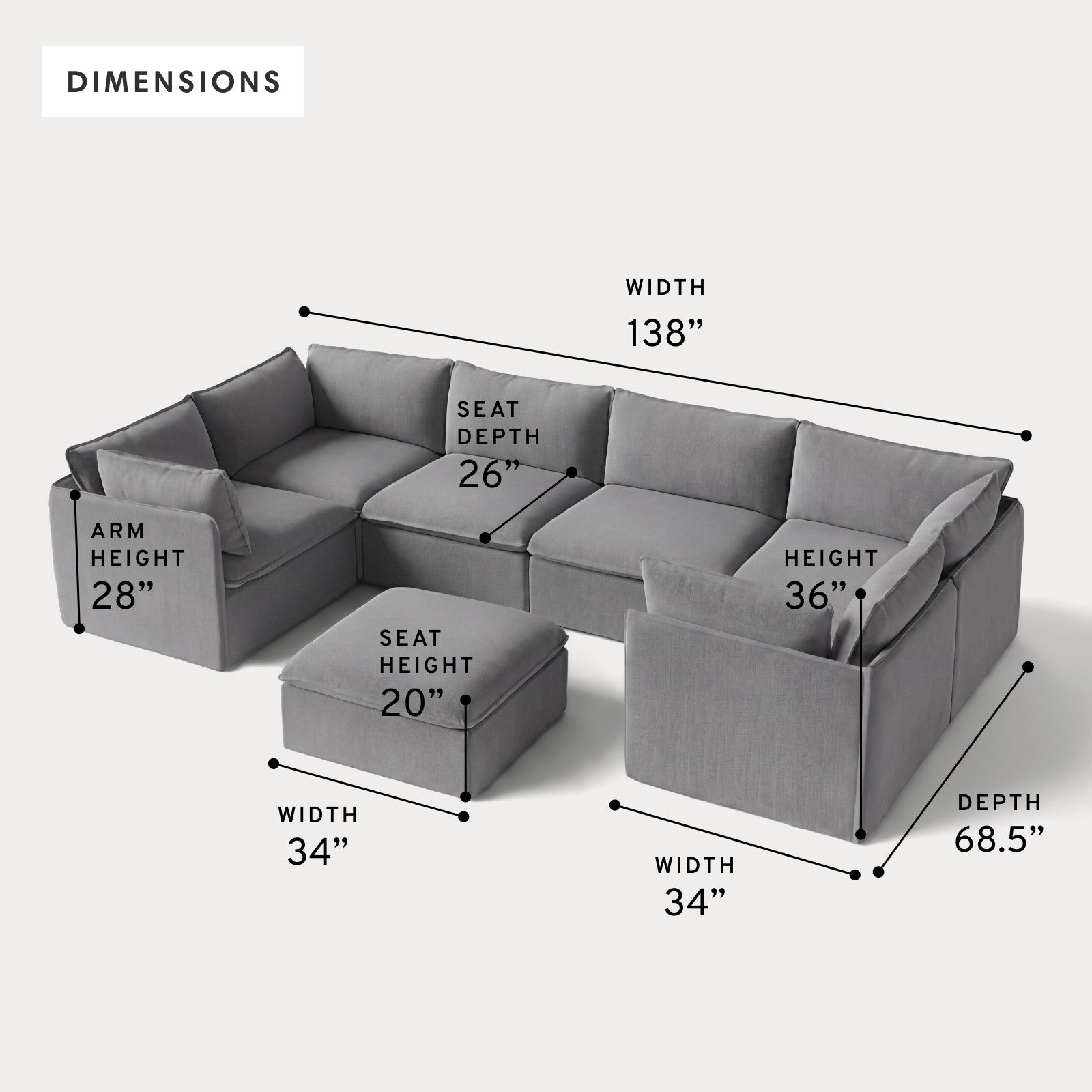 Modular Outdoor Washable 6-Seater U-Sectional + Ottoman | Classic Canvas in Stone Gray