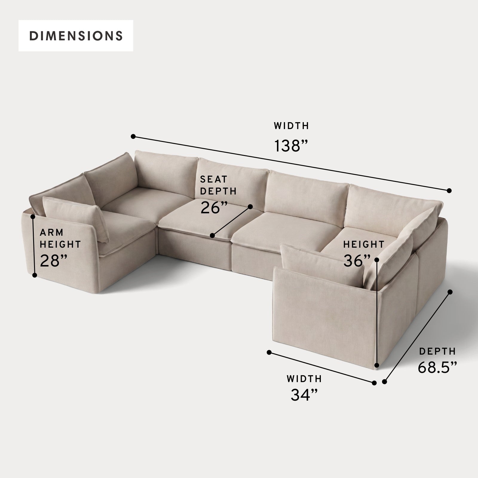 Modular Outdoor Washable 6-Seater U-Sectional | Classic Canvas in Sand