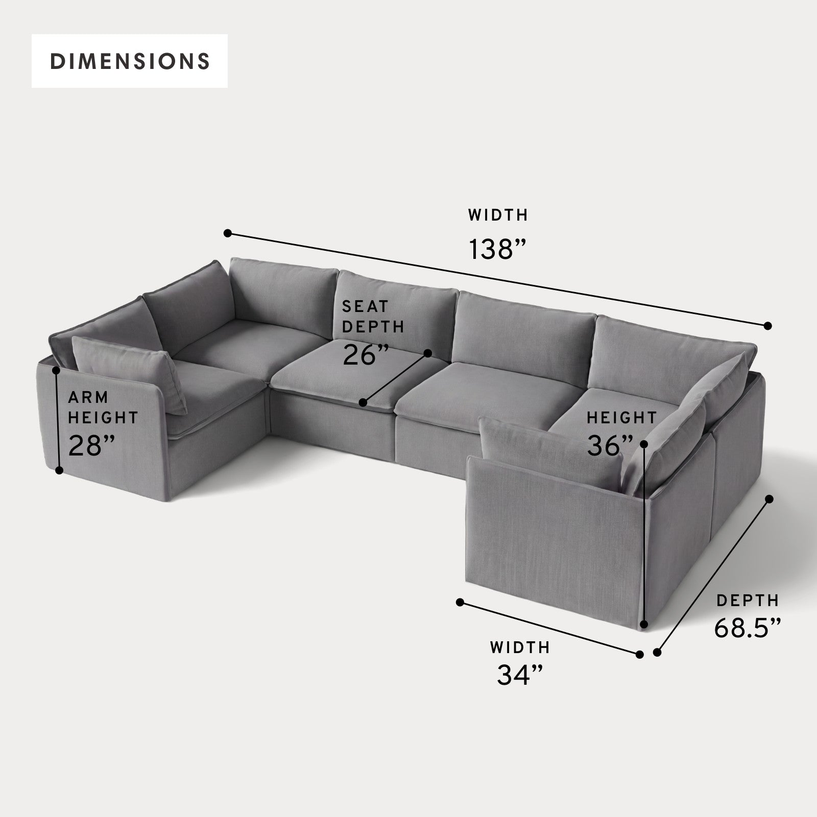 Modular Outdoor Washable 6-Seater U-Sectional | Classic Canvas in Stone Gray