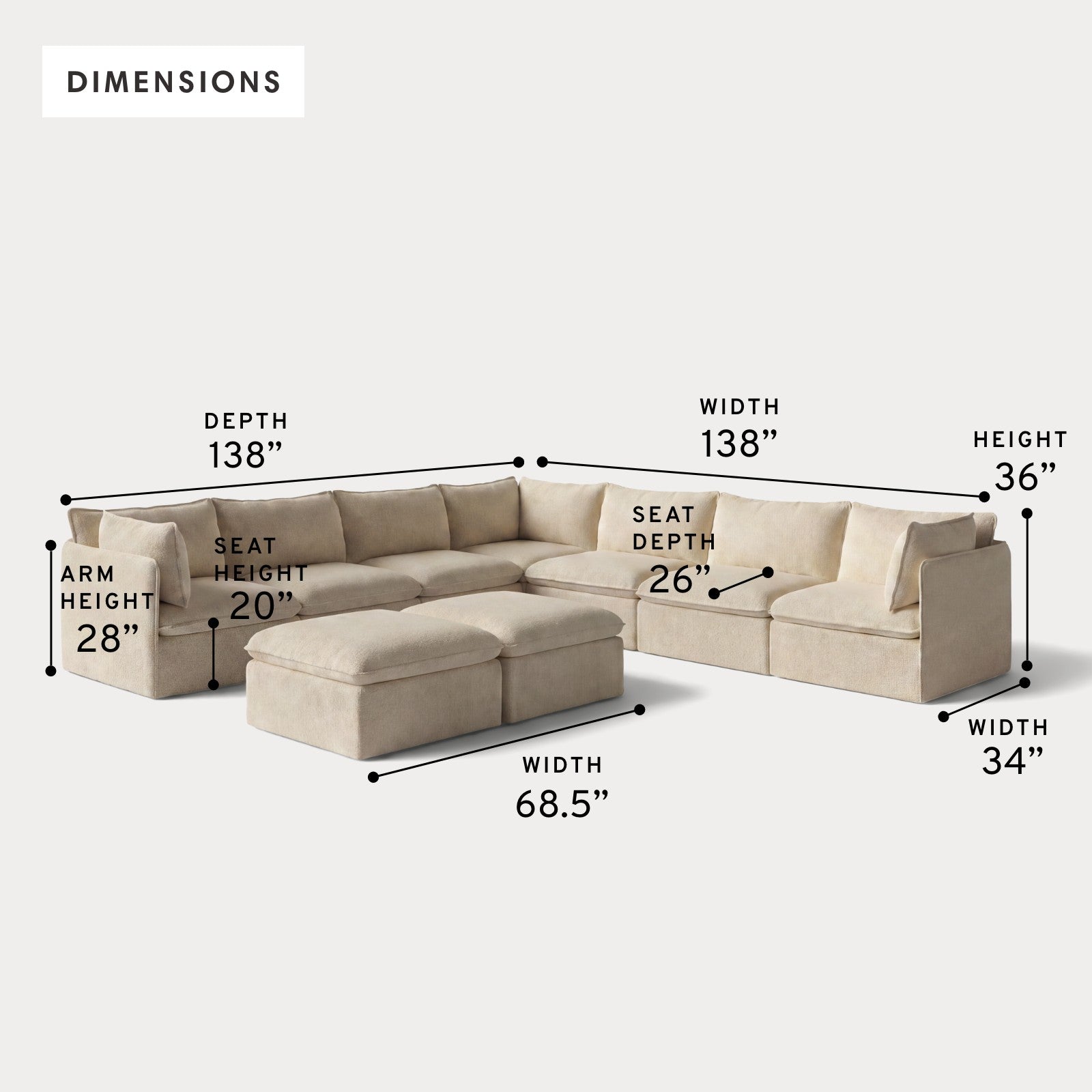 Modular Outdoor Washable 7-Seater Corner Sectional  + Bench Ottoman | Alfresco Boucle in Cashew