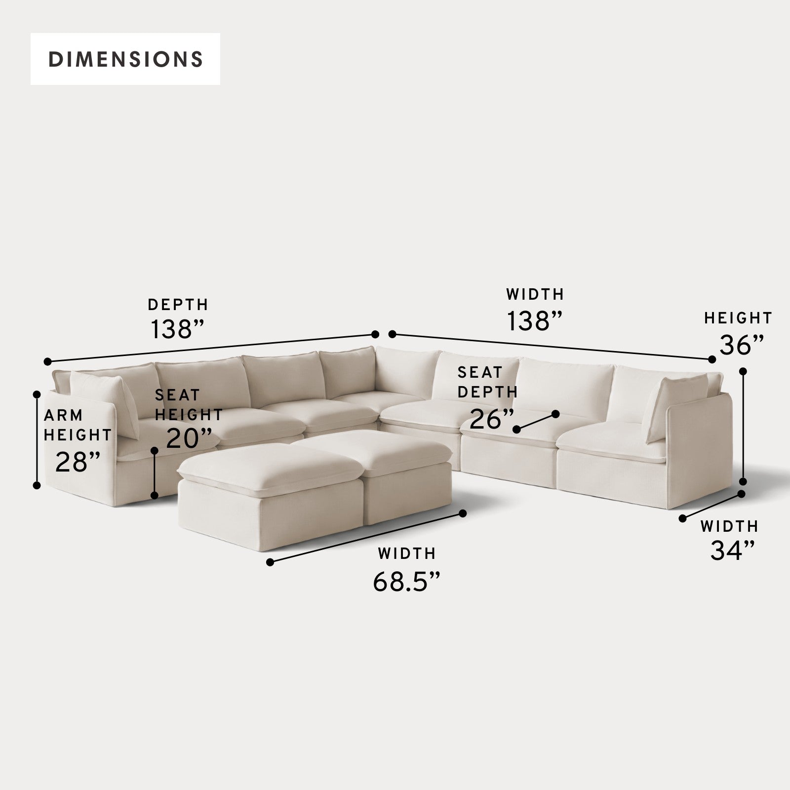 Modular Outdoor Washable 7-Seater Corner Sectional  + Bench Ottoman | Nano Slubweave in Chai