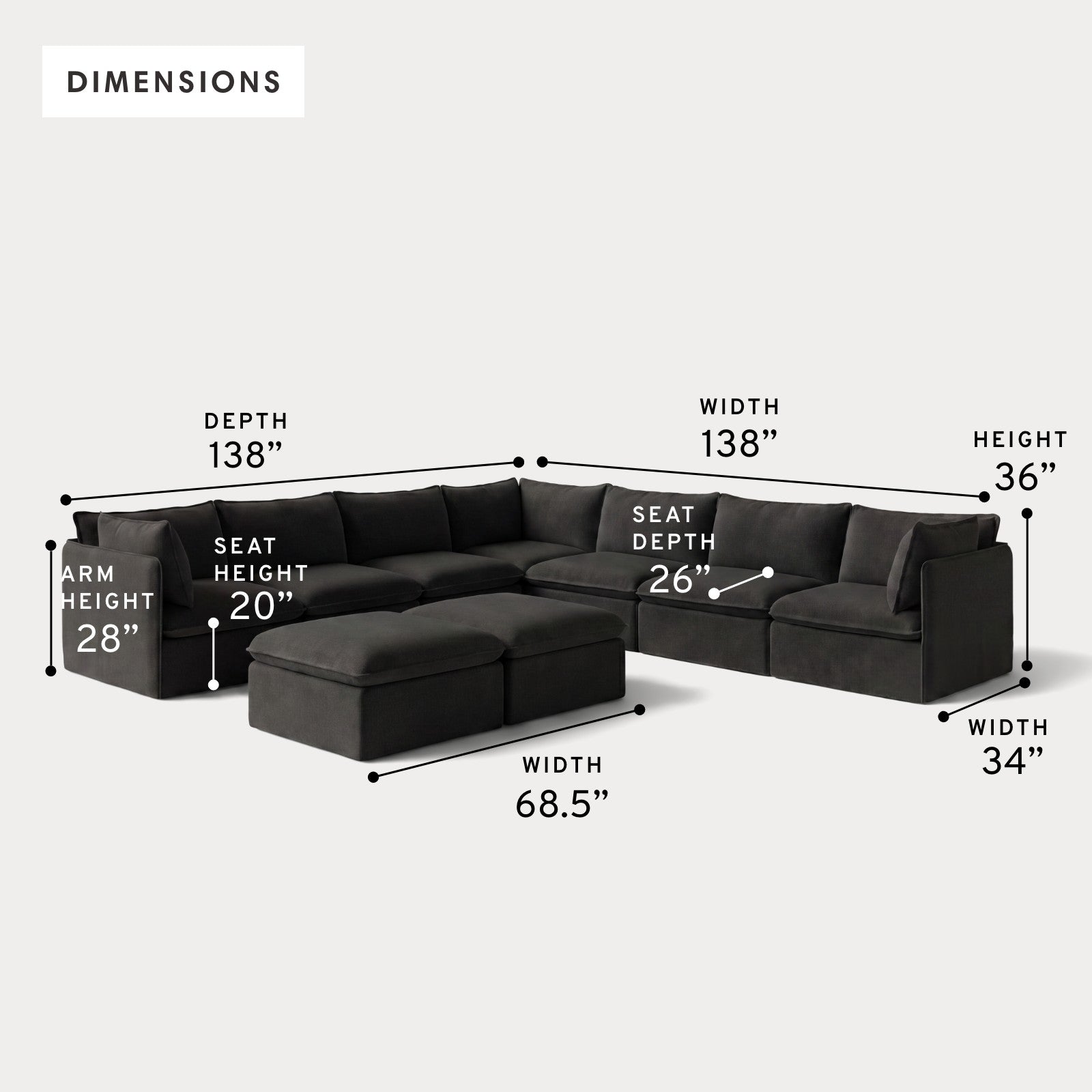 Modular Outdoor Washable 7-Seater Corner Sectional  + Bench Ottoman | Classic Canvas in Charcoal