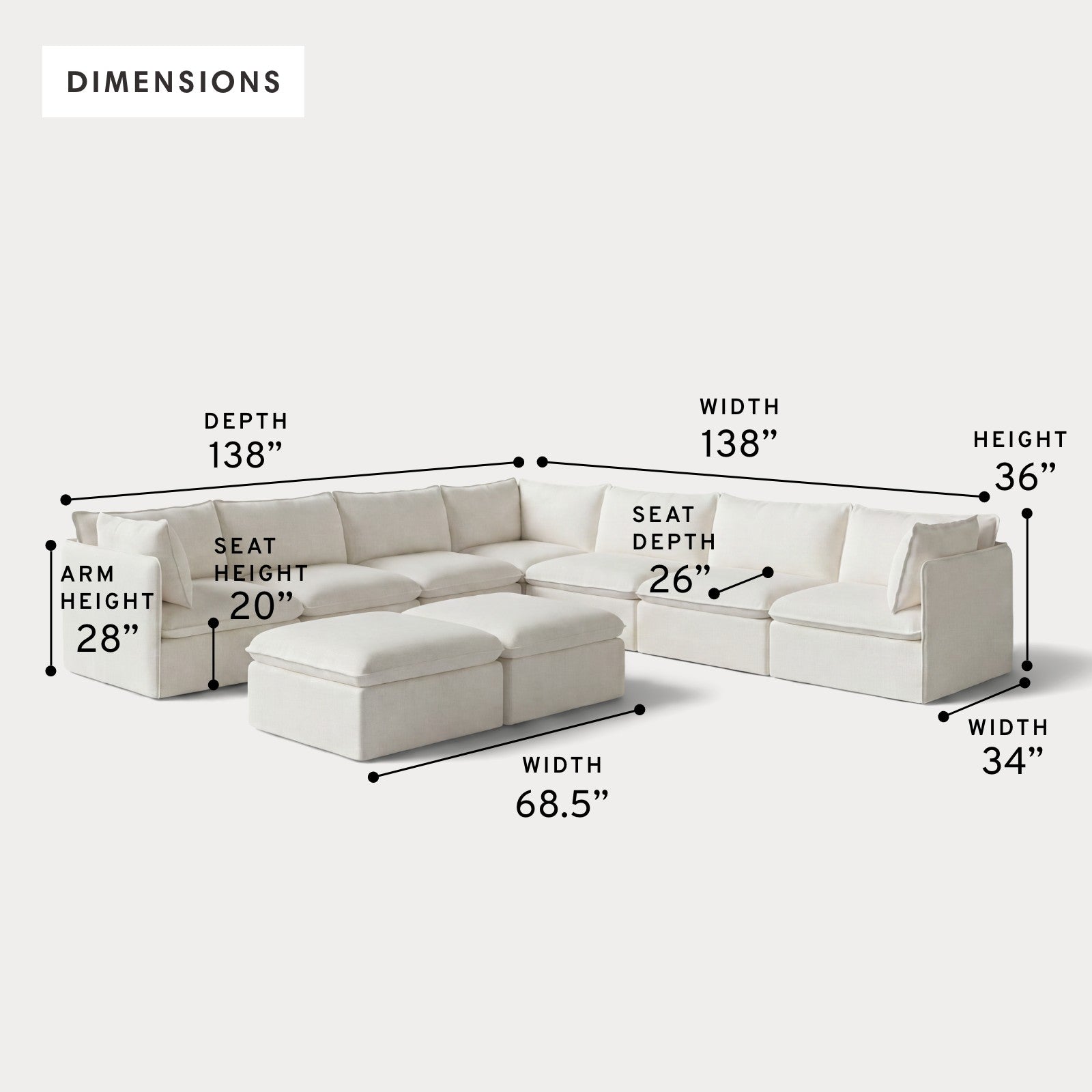Modular Outdoor Washable 7-Seater Corner Sectional  + Bench Ottoman | Classic Canvas in Cloud