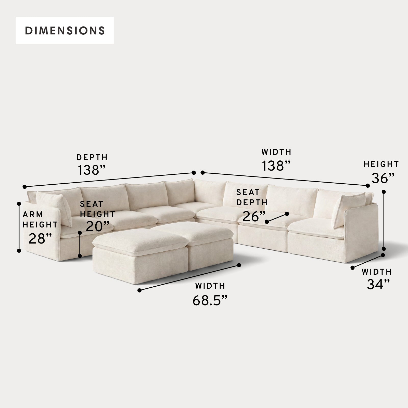 Modular Outdoor Washable 7-Seater Corner Sectional  + Bench Ottoman | Alfresco Boucle in Creme