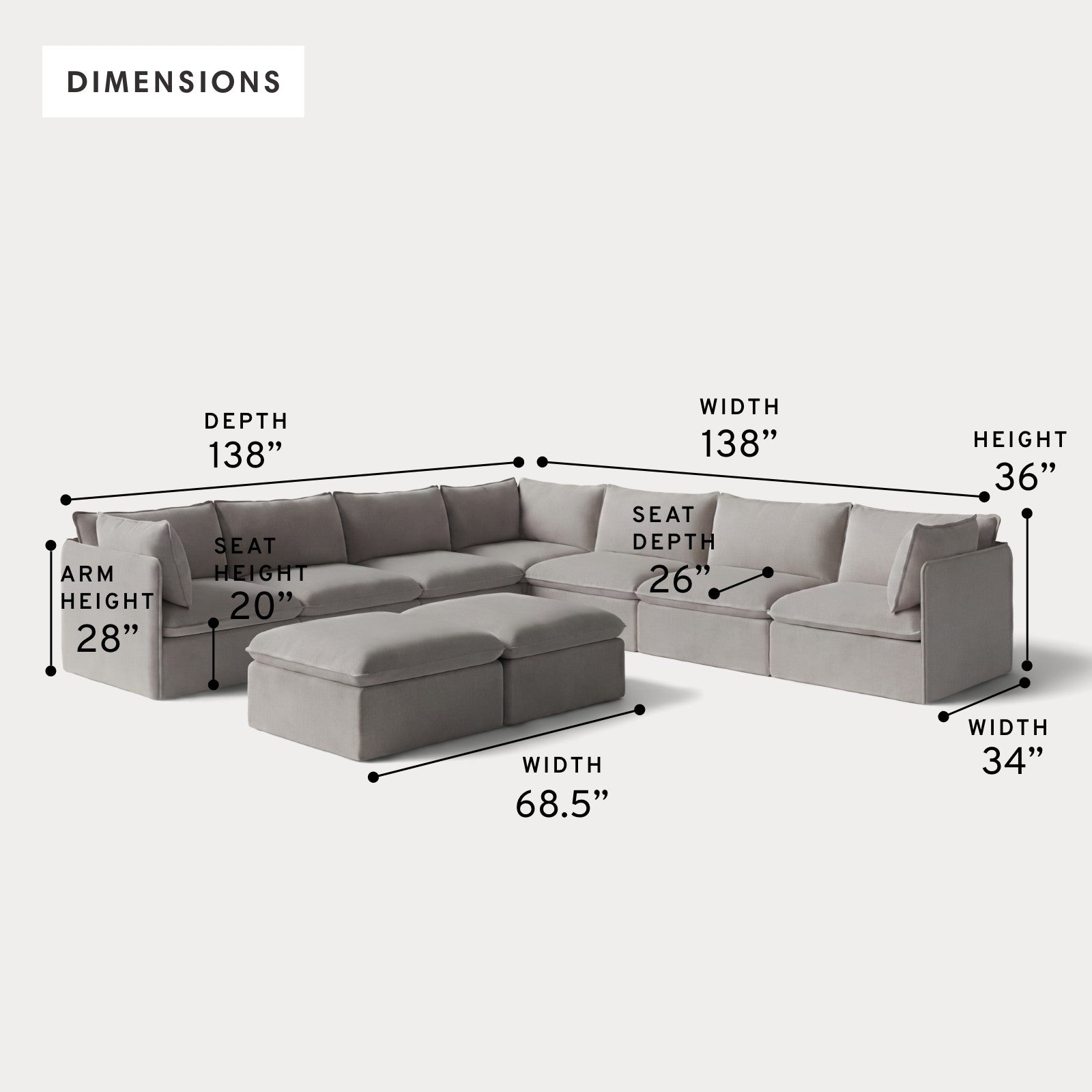 Modular Outdoor Washable 7-Seater Corner Sectional  + Bench Ottoman | Nano Slubweave in Haze Gray