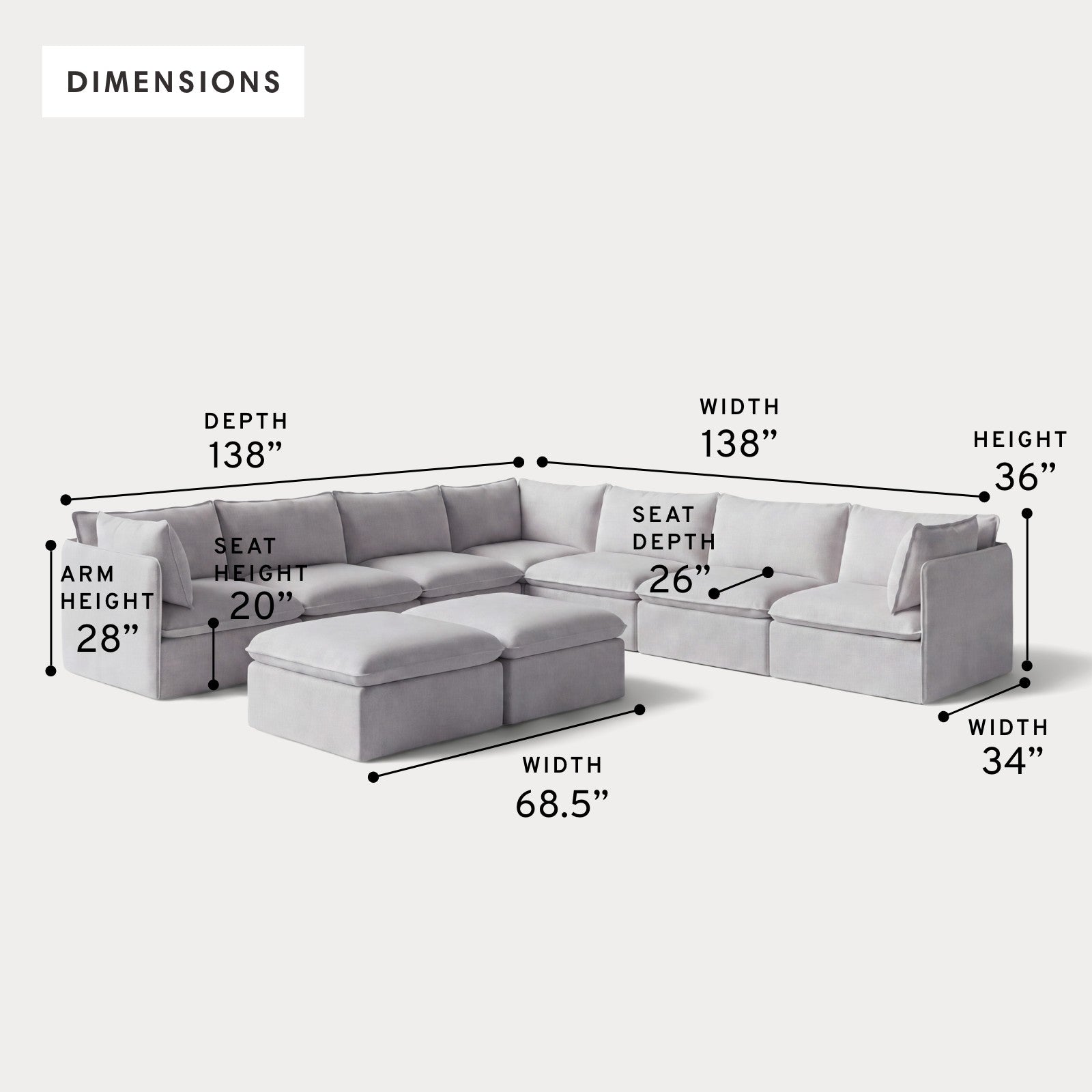 Modular Outdoor Washable 7-Seater Corner Sectional  + Bench Ottoman | Nano Slubweave in Mist